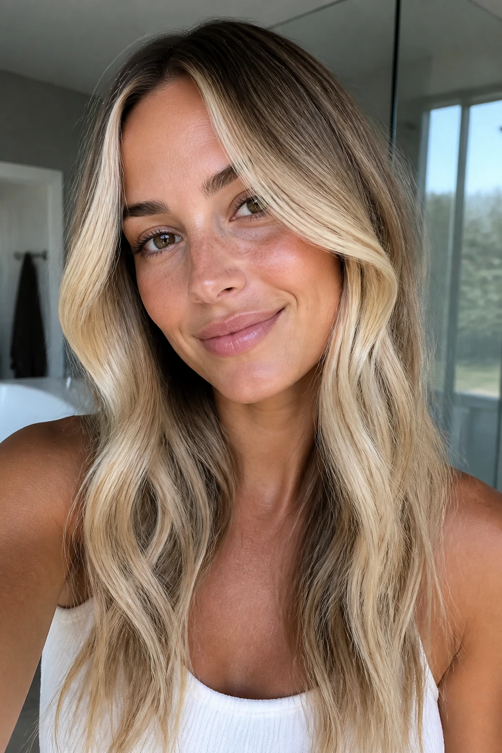 Close-up of a real woman showing vanilla bean face-framing blonde around the cheeks.