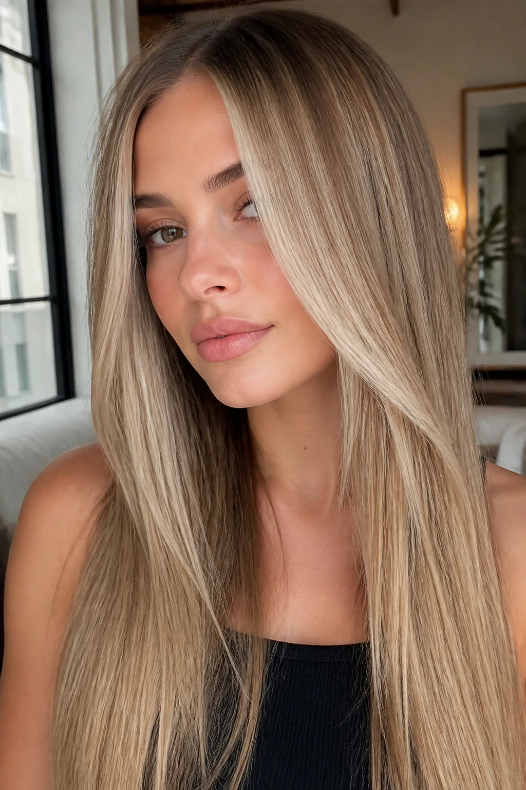 Close-up of long straight hair with vanilla bean face-frame blonde around the cheeks