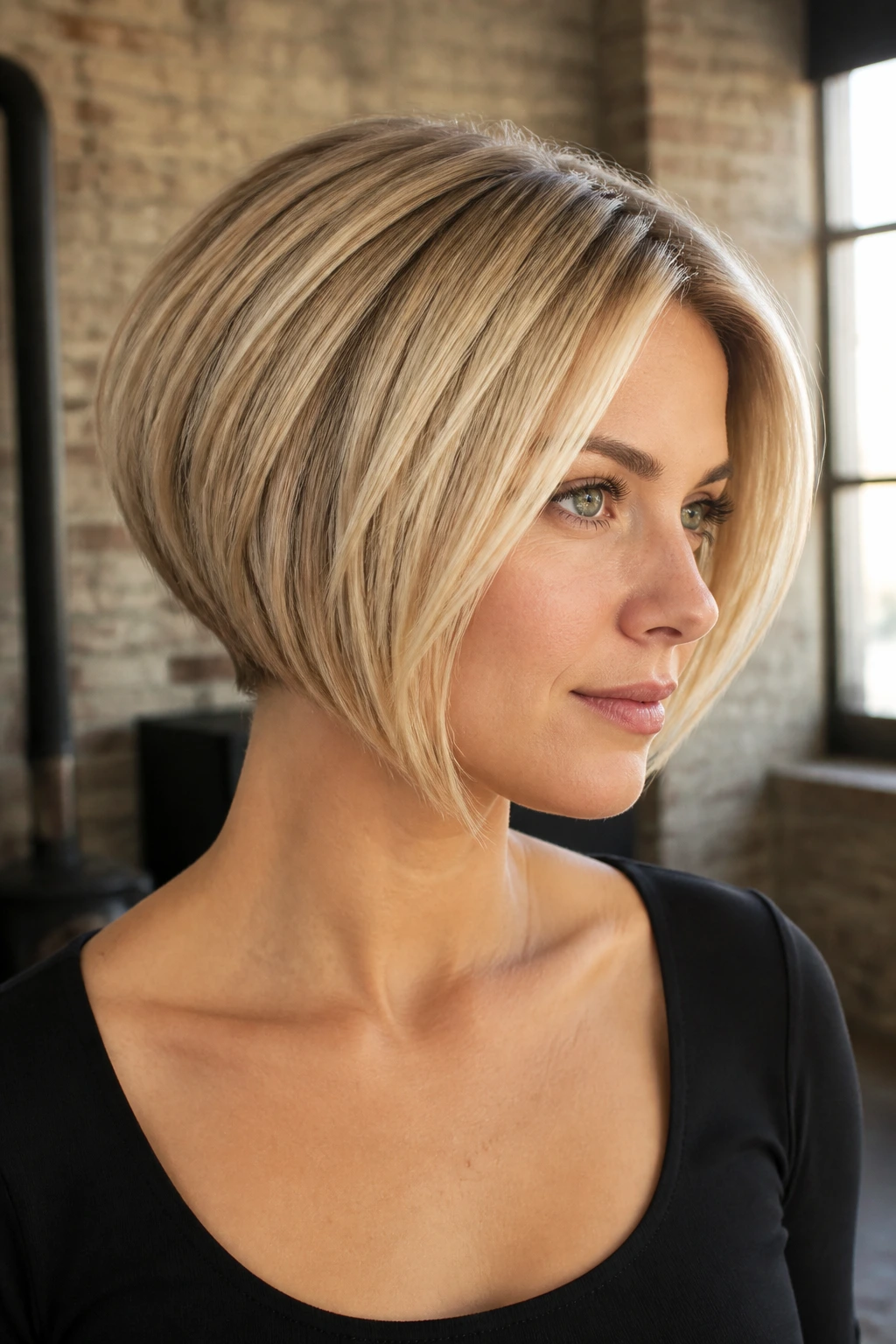 Close-up of a real woman with vanilla bean wedge bob in daylight