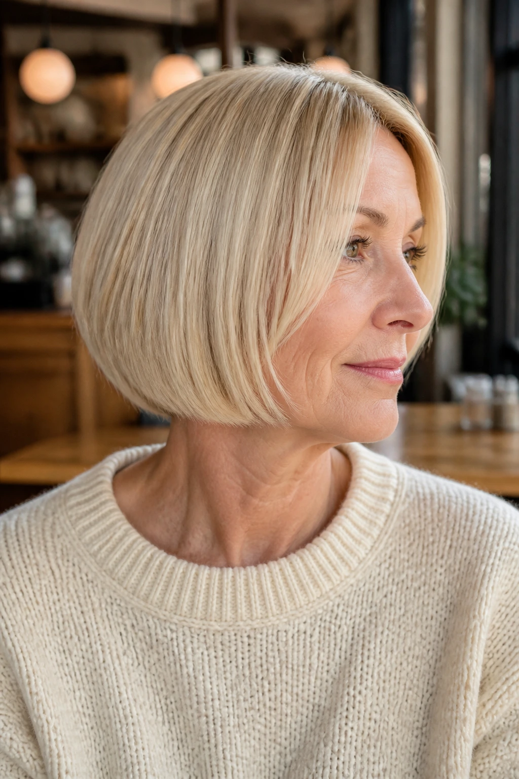 Close-up of a real woman with a Vanilla Beige Bob, sleek blunt cut and warm beige tones