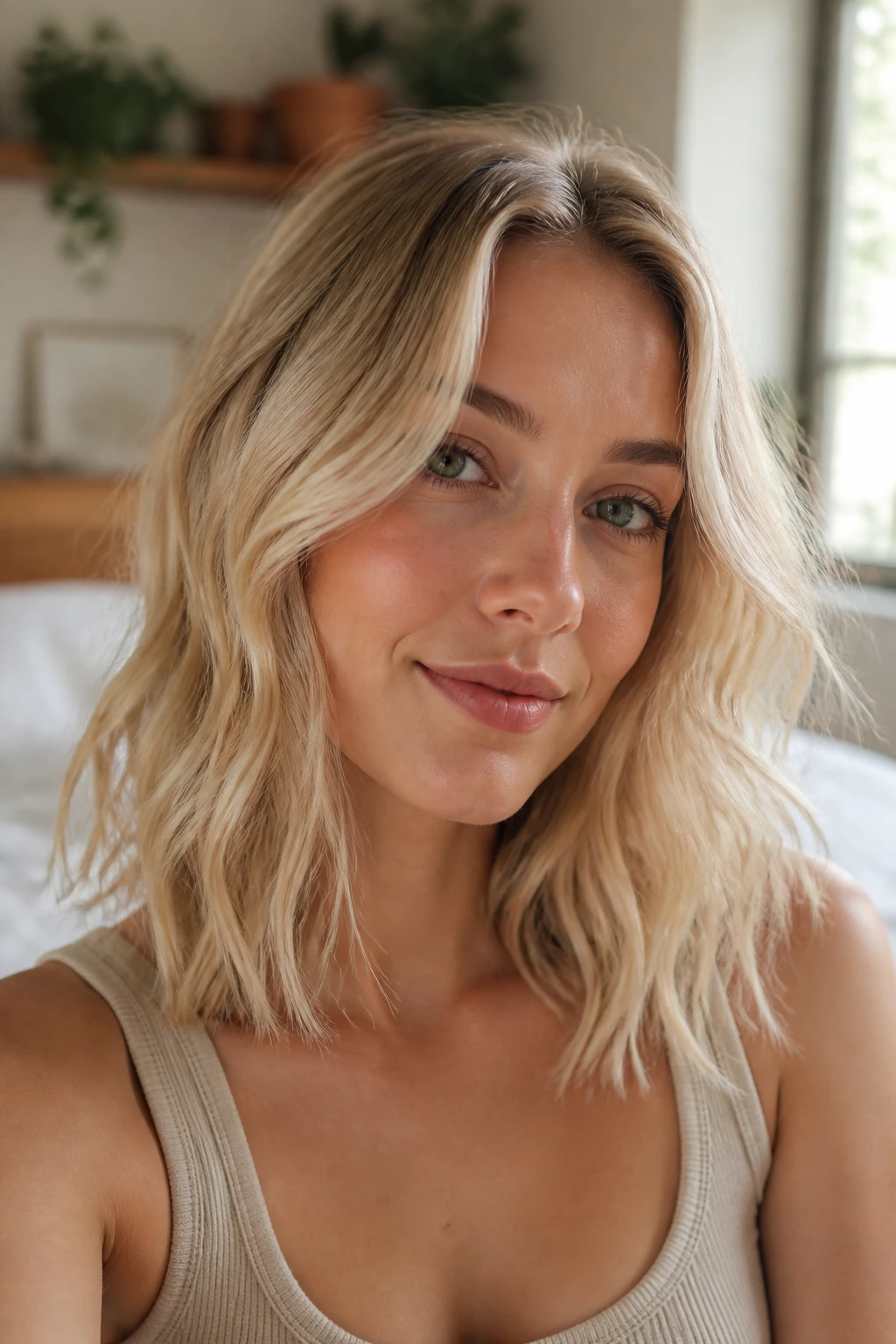 Close-up of real woman's shoulder-length waves in vanilla blonde with soft air-dried ends