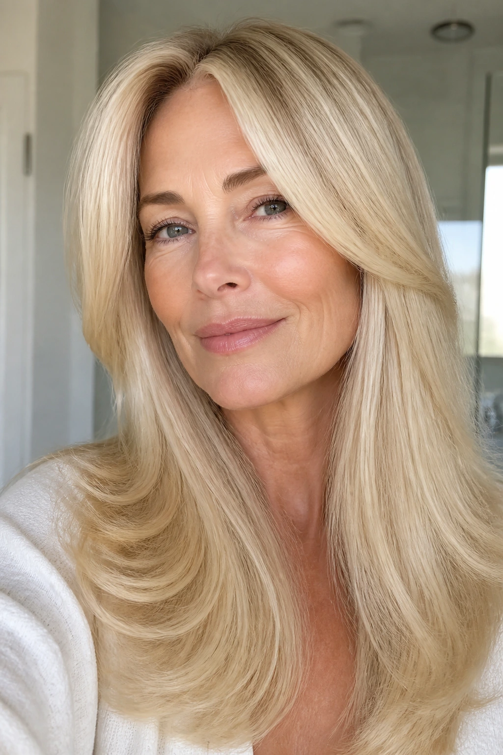Close-up of a real woman with Vanilla Blonde Blowout hair in smooth vanilla shade.