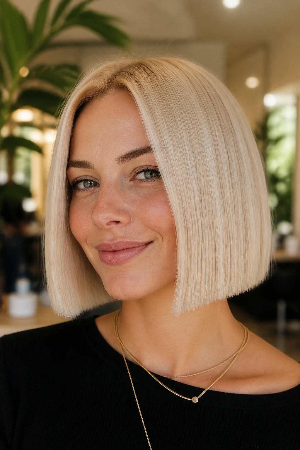 Close-up of a real woman with a vanilla blonde blunt bob, even ends and glossy straight hair.