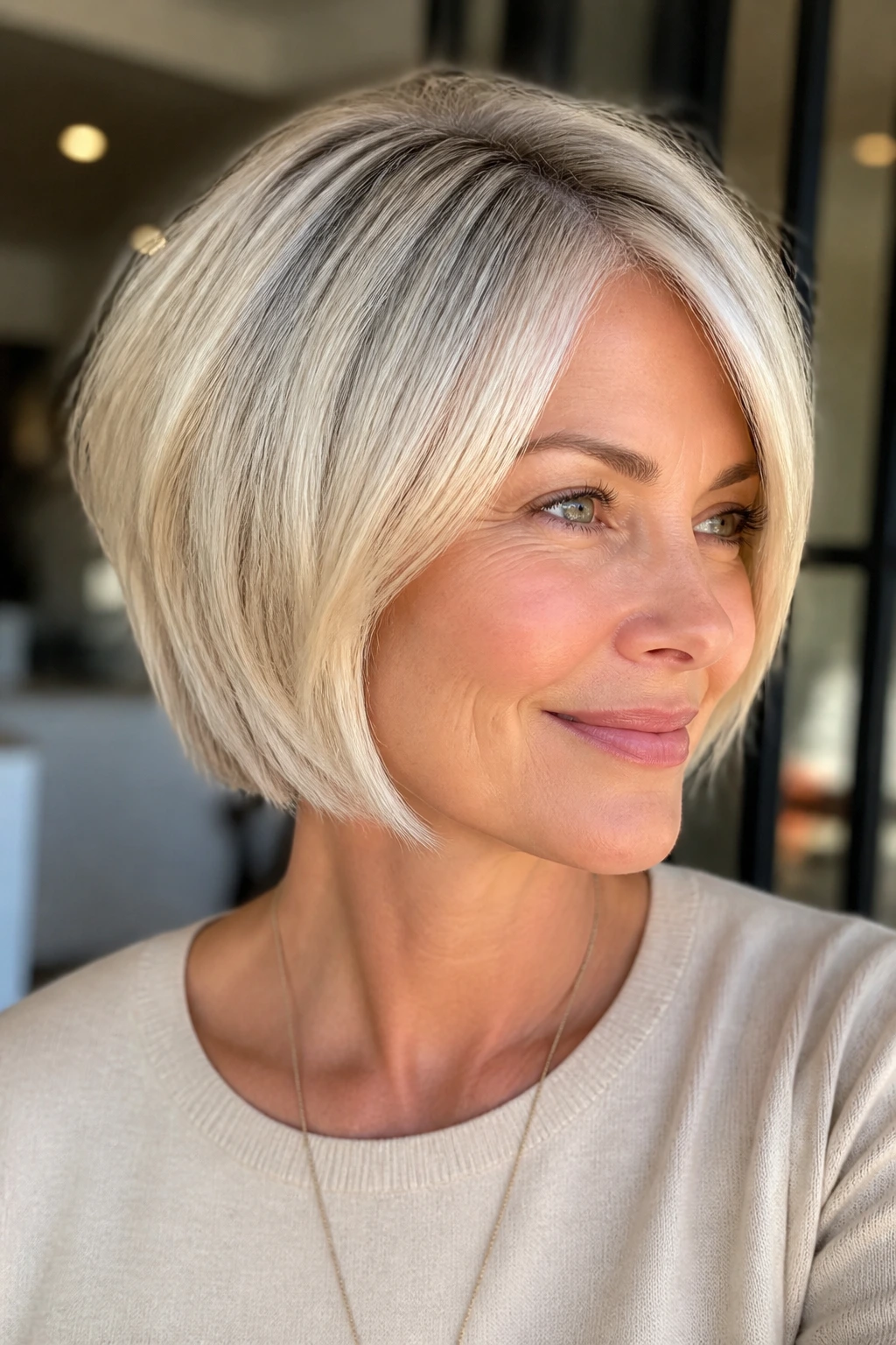 Close-up of a real woman's chin-length bob in creamy vanilla blonde