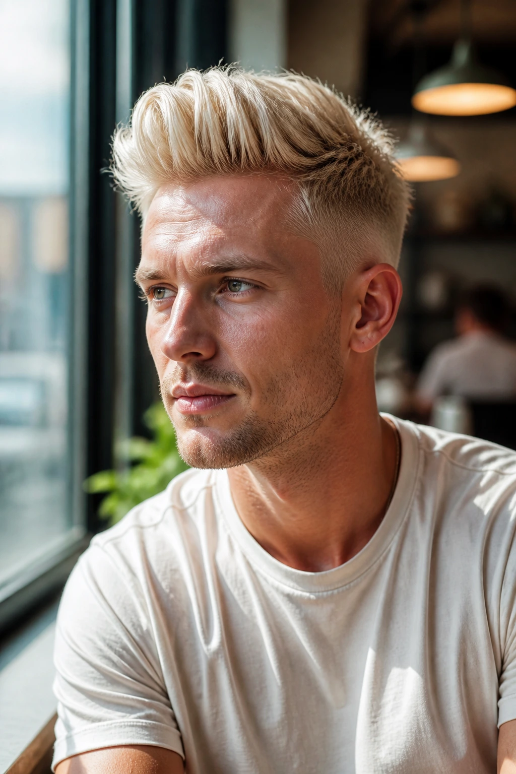 Close-up of a man with vanilla blonde brush-up hairstyle under natural light