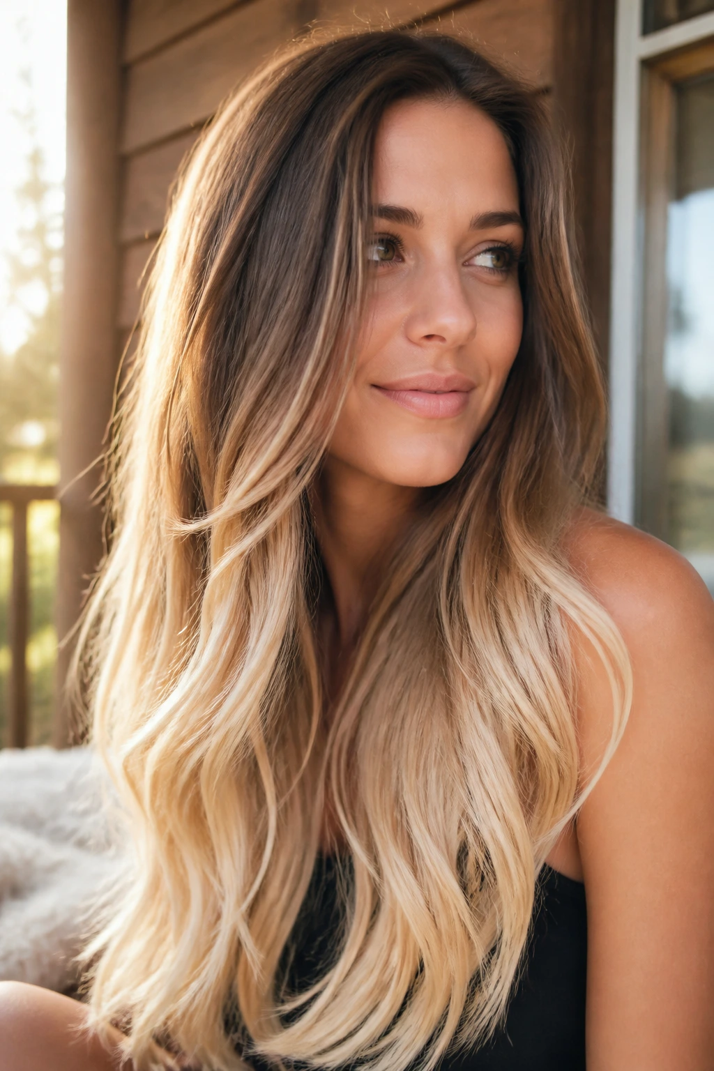 Close-up of long hair with vanilla blonde ends against darker roots