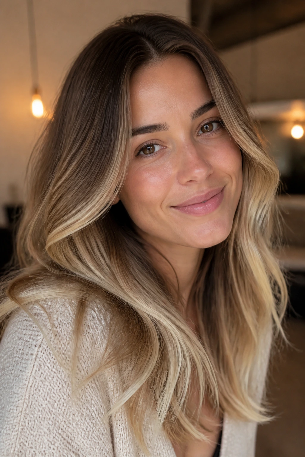 Real person with medium brown to creamy vanilla blonde, warm indoor light