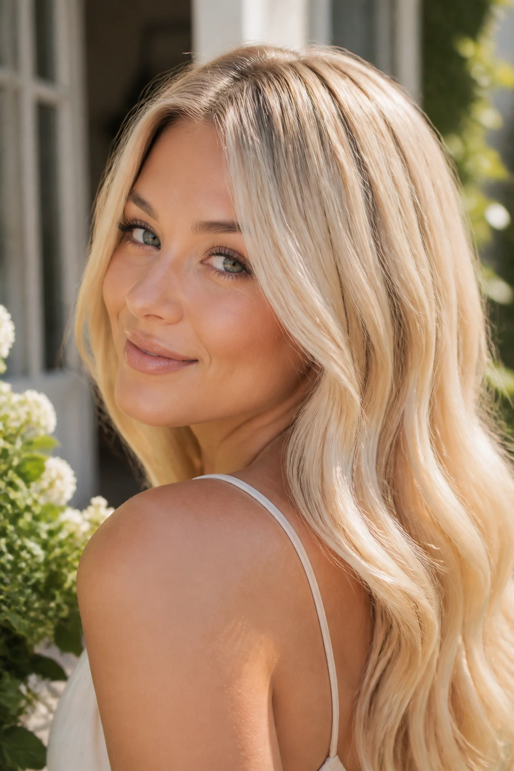 Close-up of a real woman with pale vanilla blonde hair in natural light