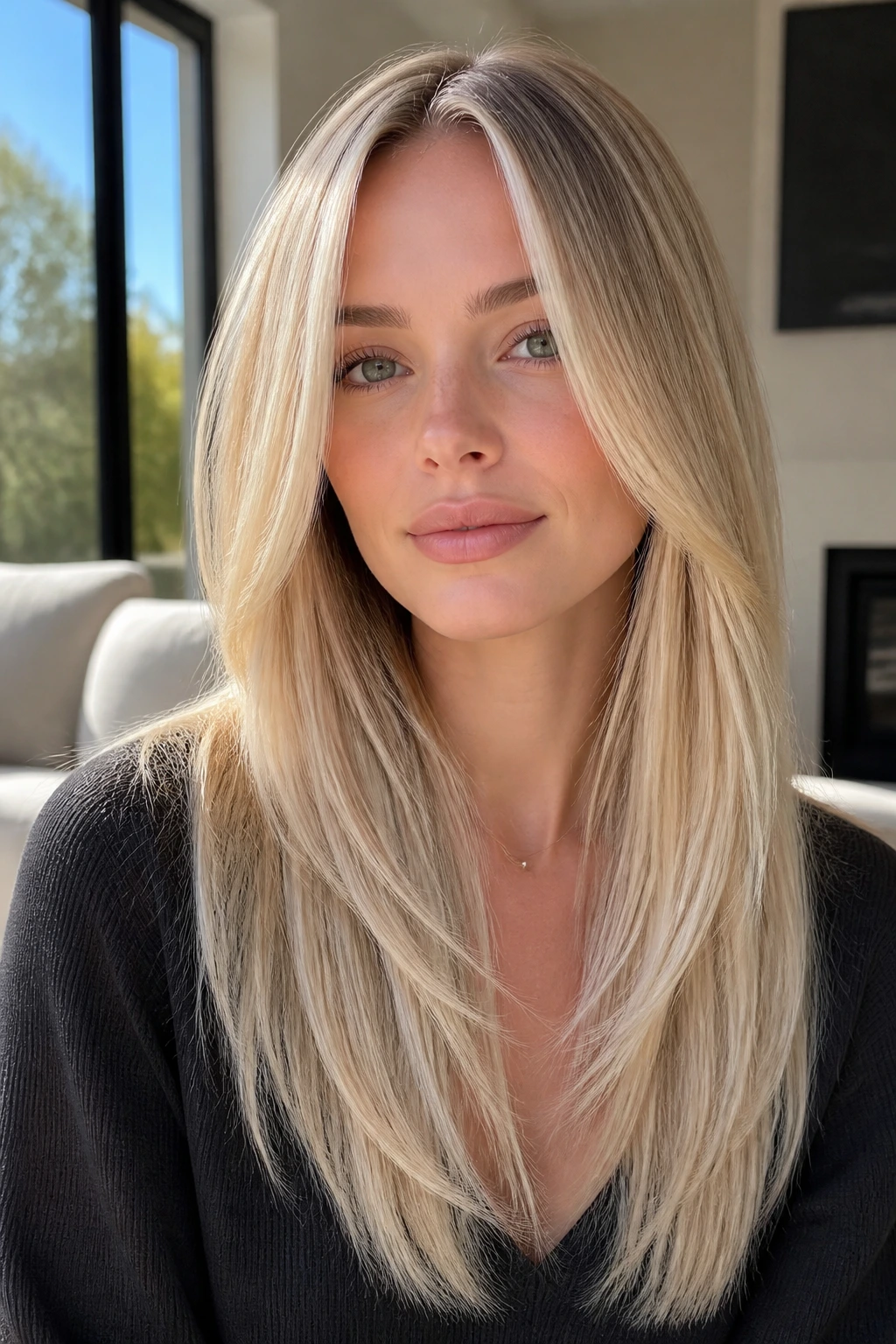 Vanilla blonde with long clean layers on a real person in natural light