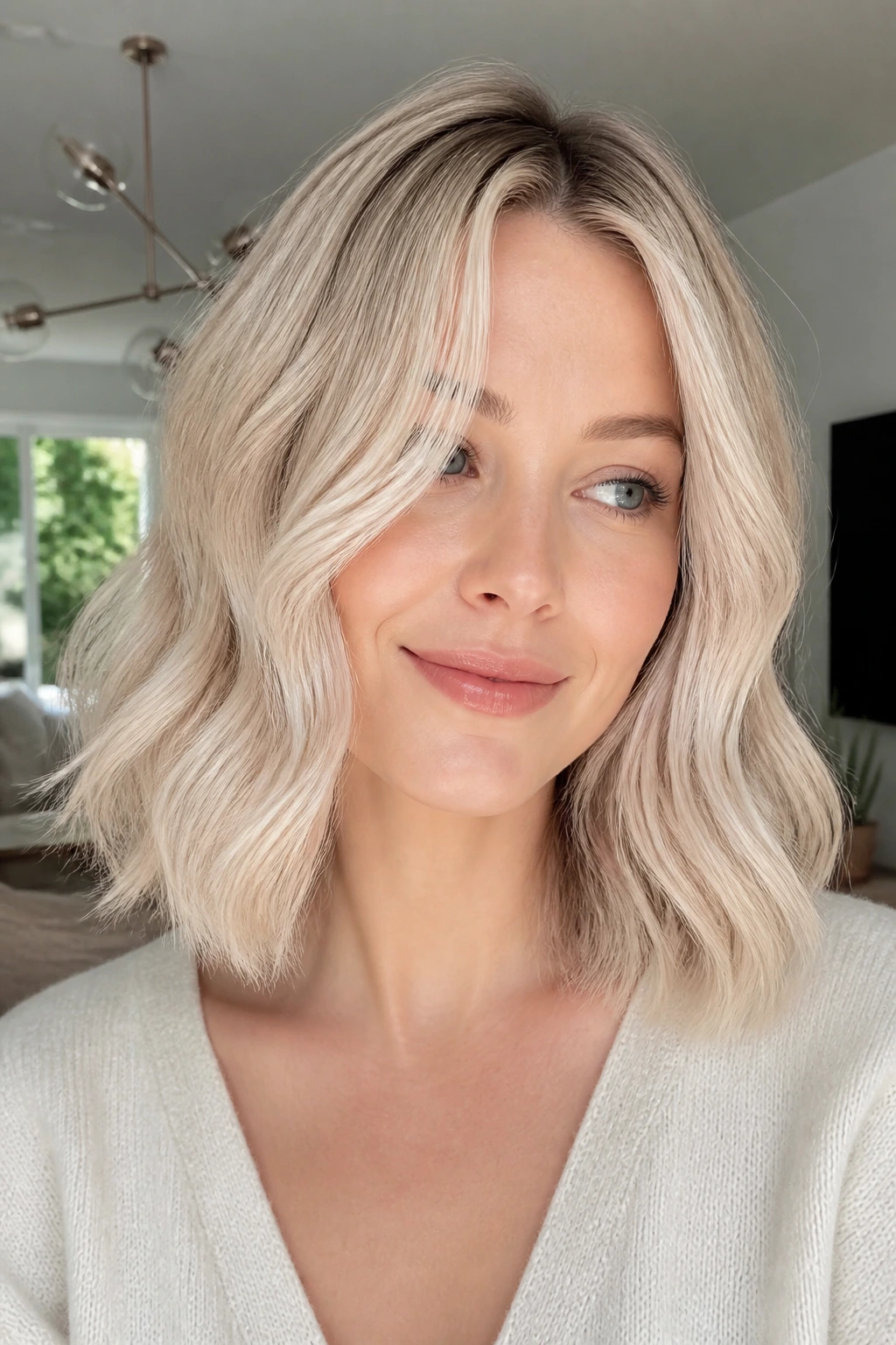 Close-up portrait of a real woman with pale vanilla blonde lob