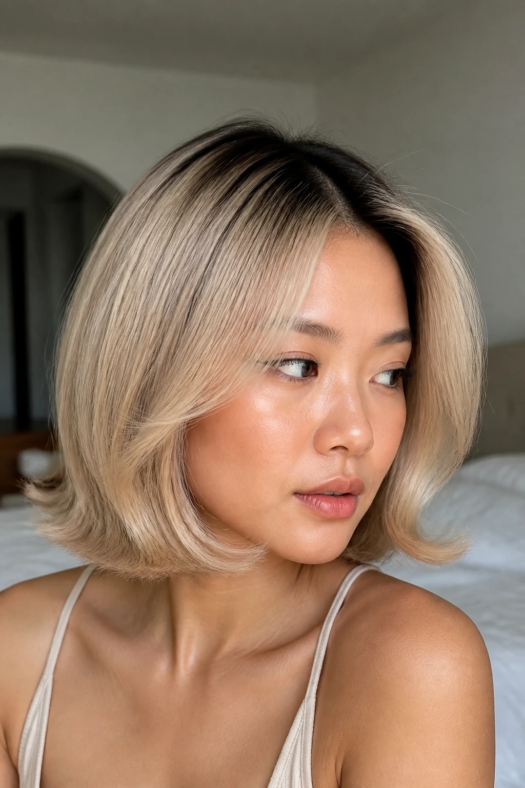 Close-up portrait of a real woman with rooted vanilla blonde lob and flipped ends.