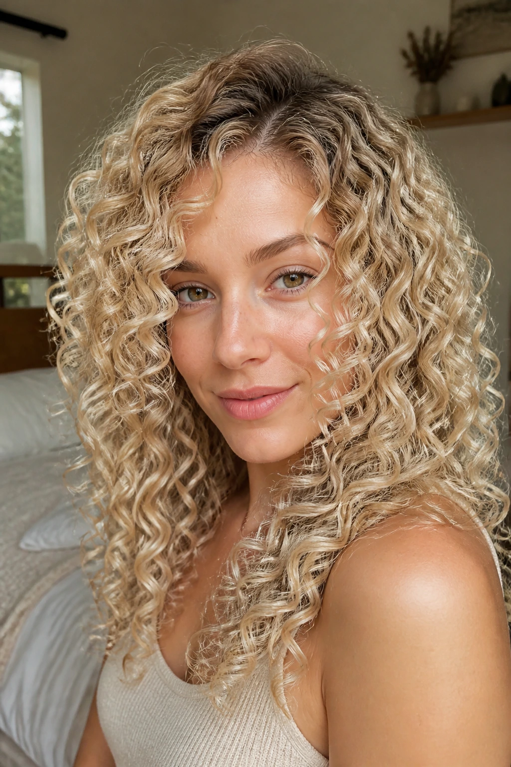 Close-up of vanilla blonde ringlets on a real woman, warm window light and soft bokeh background