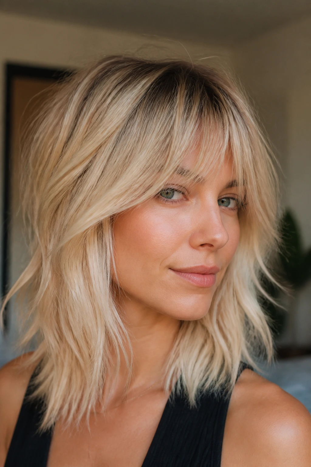 Close-up of vanilla blonde root melt shag on a real person