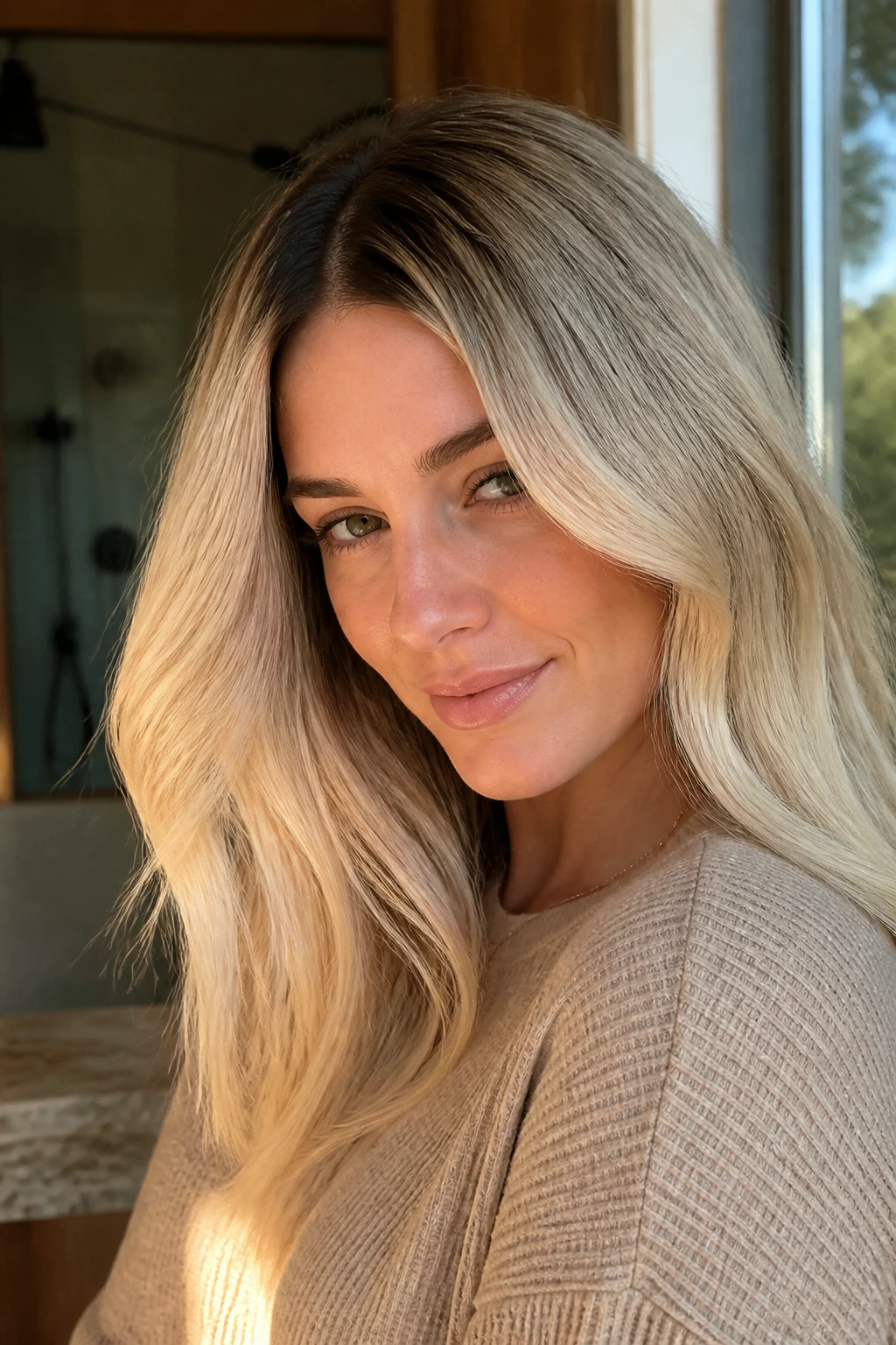 Close-up of a real woman with vanilla blonde hair and dark root melt