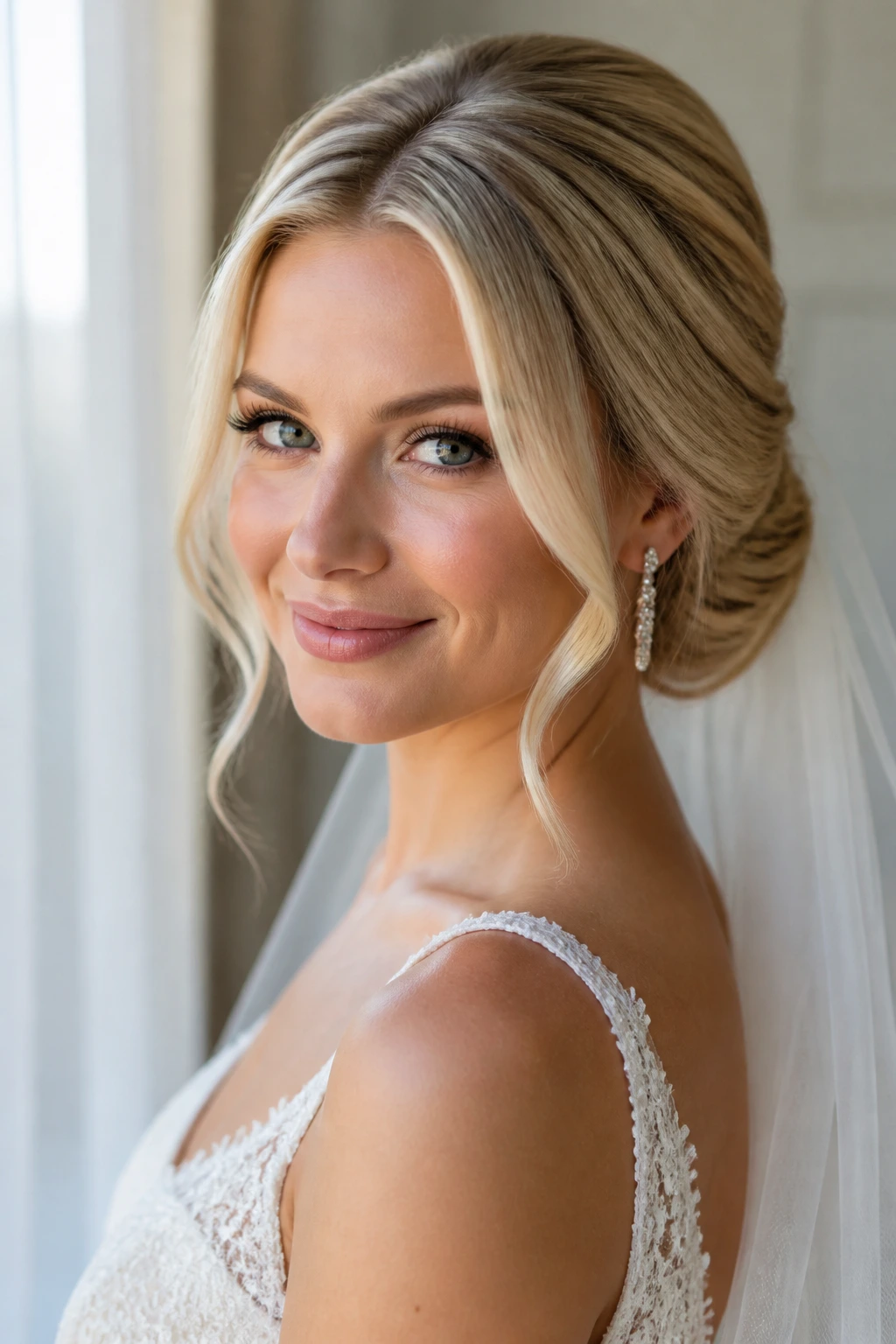 Bride with creamy vanilla blonde hair and soft root melt.