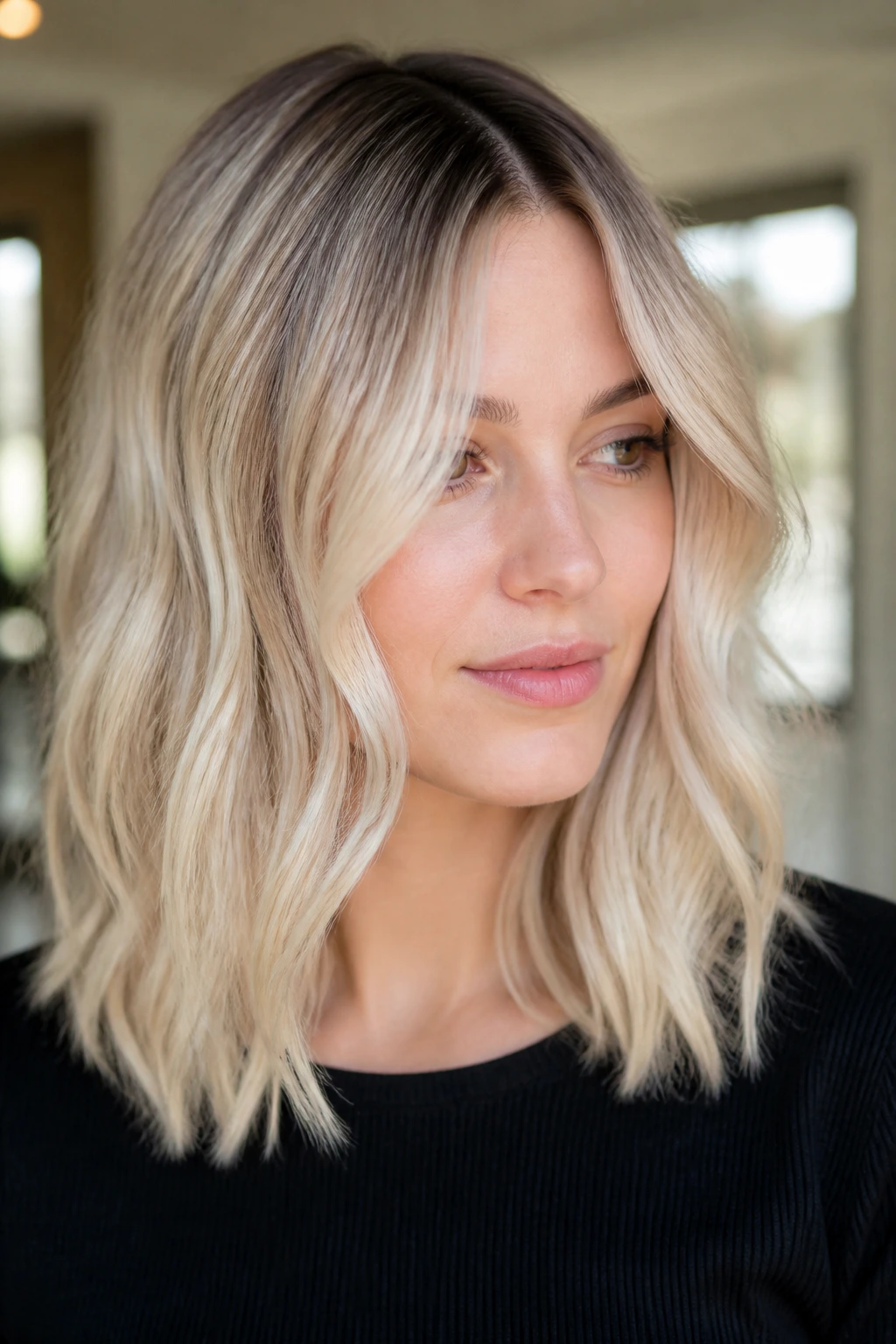 Portrait of vanilla blonde with a root smudge on medium-length hair.