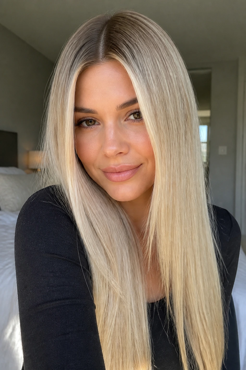 Close-up of rooted vanilla blonde with center part on long straight hair