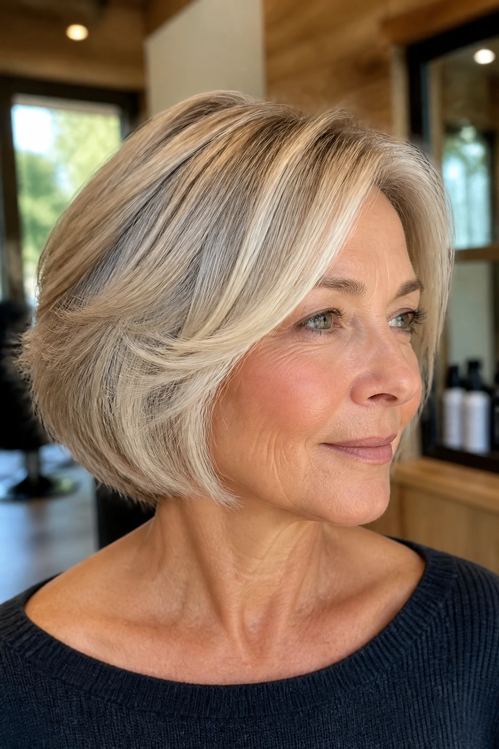 Close-up portrait of a real woman with vanilla blonde slices on a rounded bob in soft natural light.