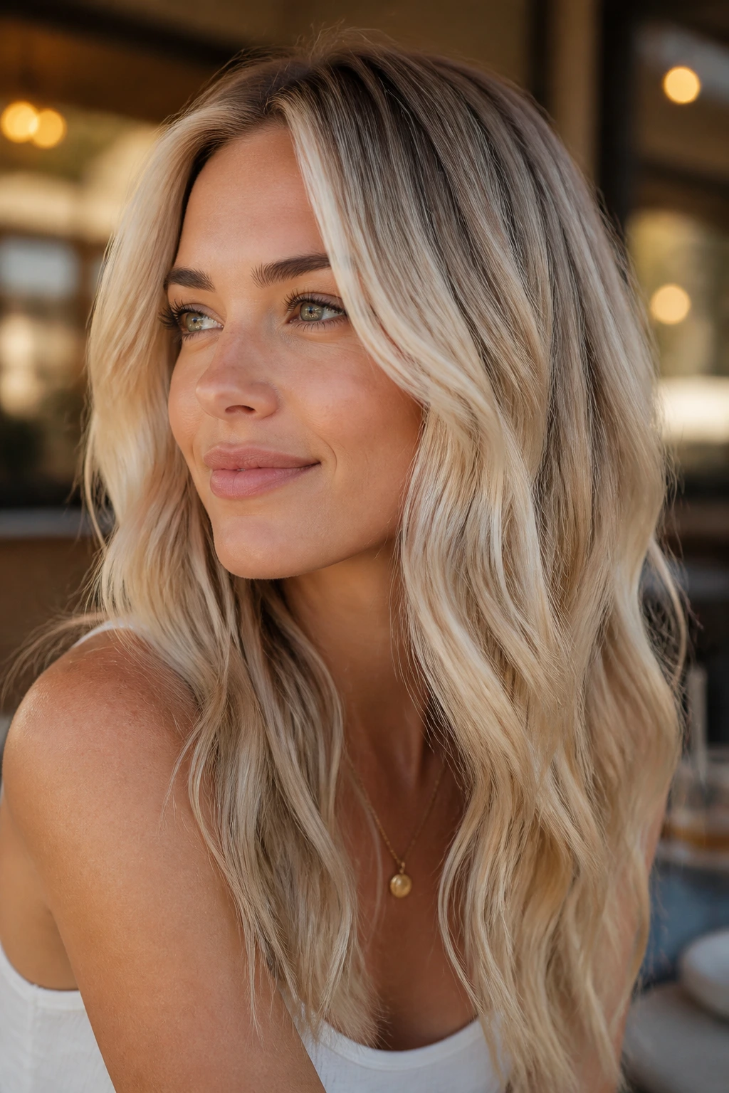 Close-up portrait of a woman with rooted vanilla blonde and shadow roots under warm sunlight