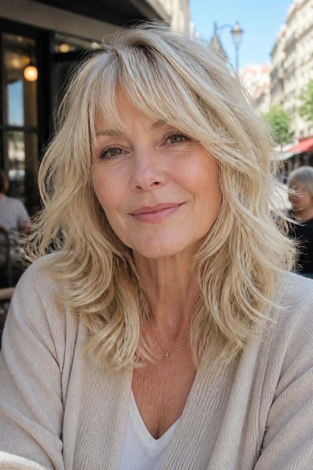 Portrait of a woman with vanilla blonde shag hairstyle