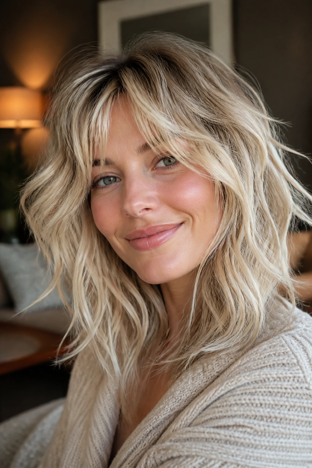 Close-up of a woman with creamy vanilla blonde shag and textured layers