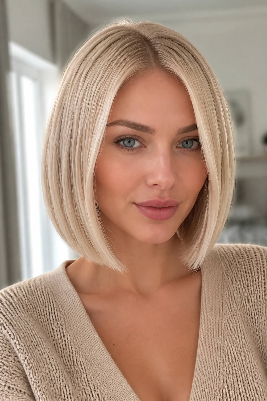 Close-up portrait of a real woman with vanilla blonde sleek bob and glossy finish