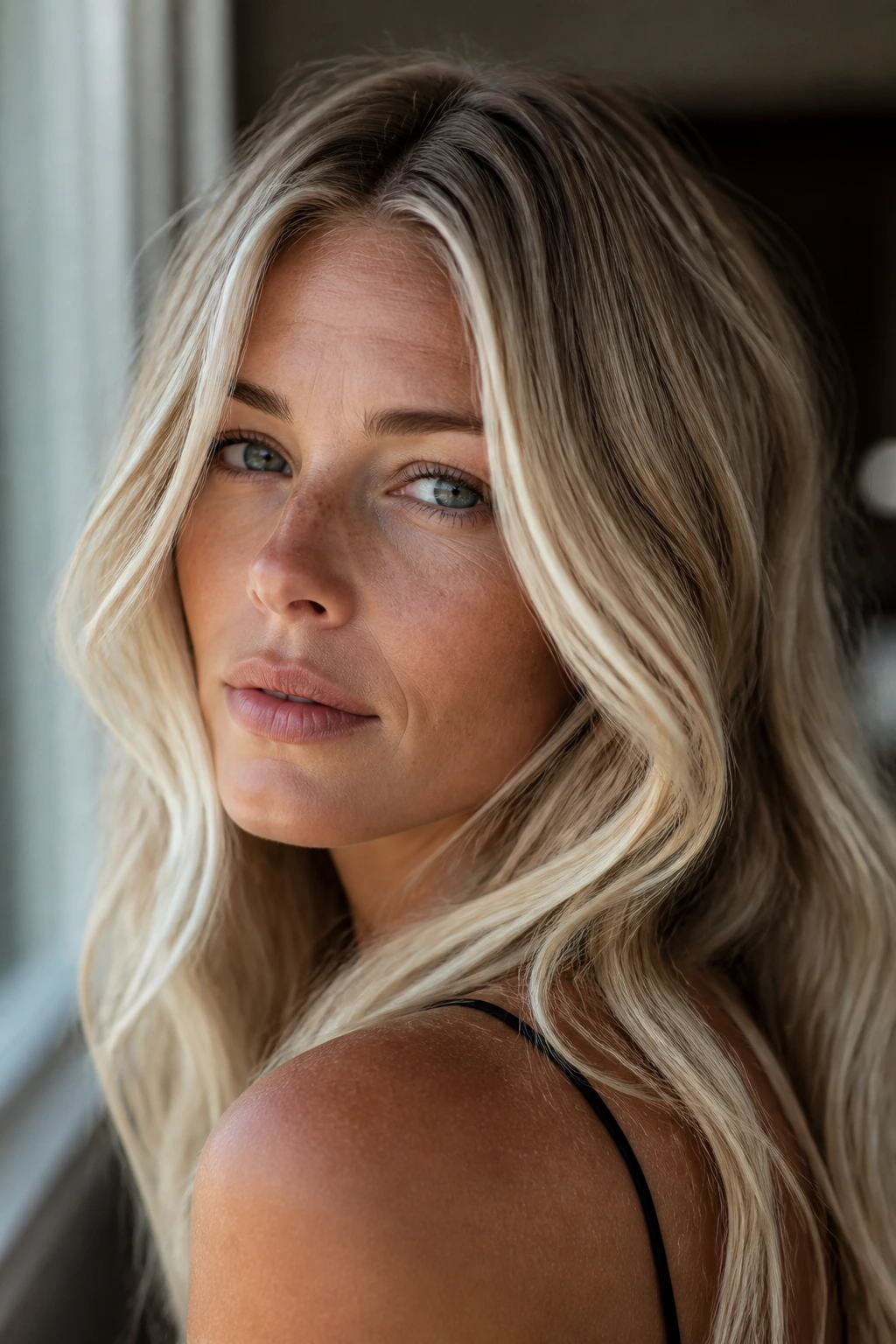 Close-up portrait of a real woman with sun-faded vanilla blonde hair and soft waves