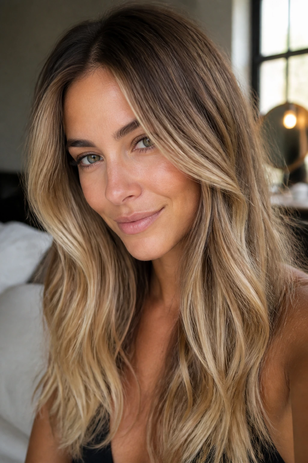 Real woman with vanilla latte bronde melt hair color from mocha to beige to vanilla.