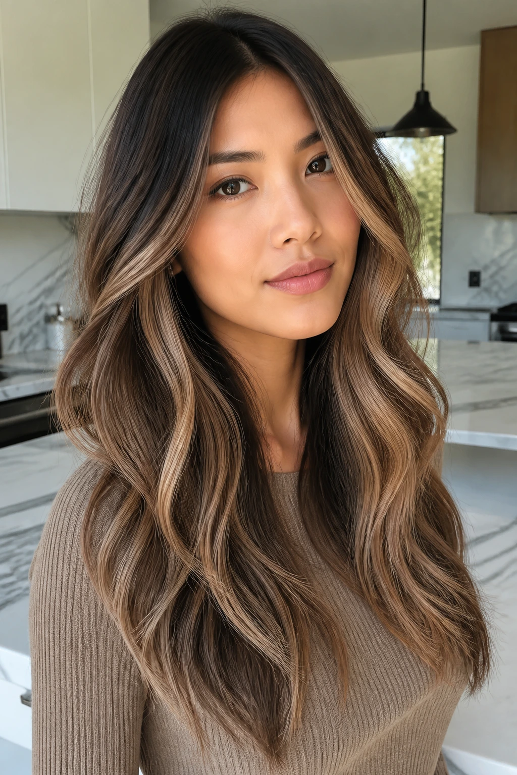 Real Asian woman with vanilla chai balayage on dark hair