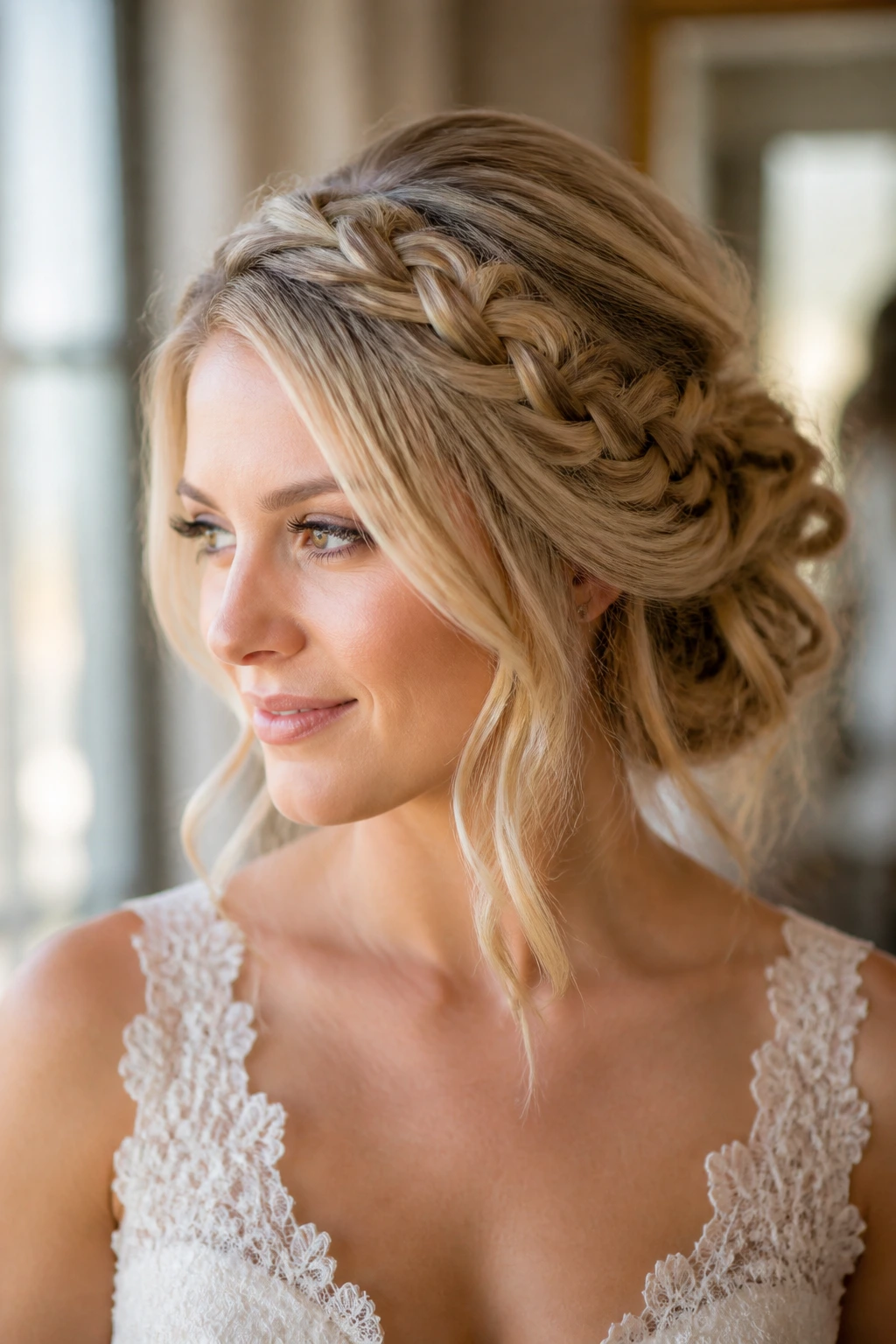 Bride with warm ivory-blonde hair in a textured updo with braided crown