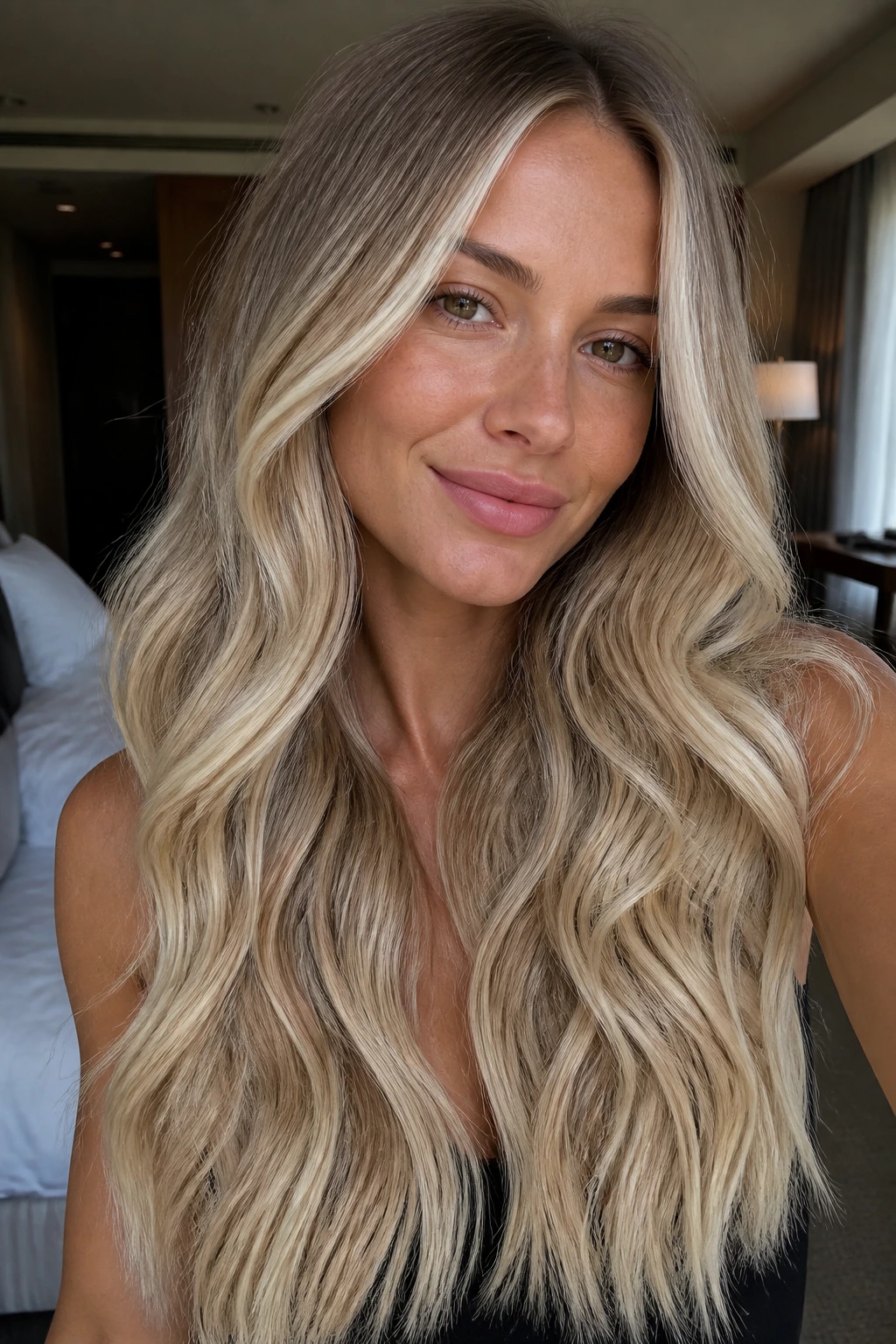 Close-up of vanilla champagne balayage on long waves