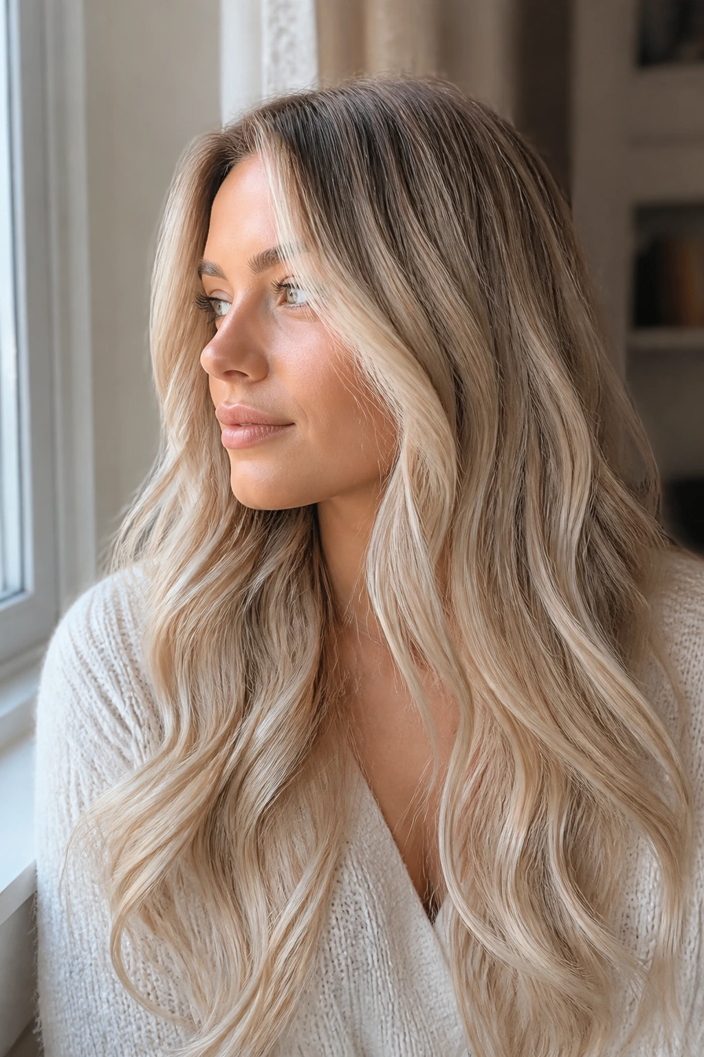 Close-up of a real woman's long vanilla cream blonde hair with feathered babylights