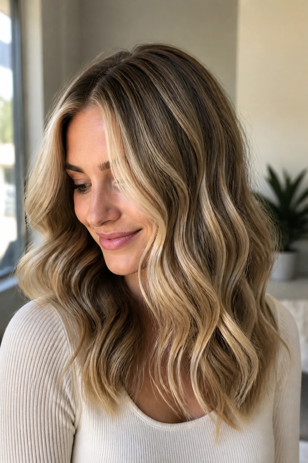 Close-up of a real woman with delicate vanilla cream babylights in fine, airy waves