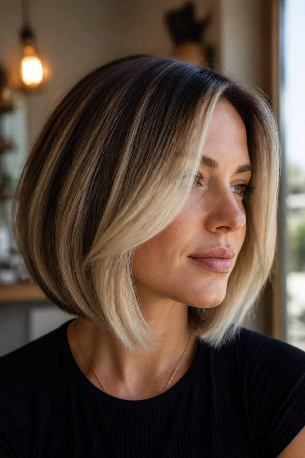 Close-up of a real woman with vanilla cream balayage on an A-line bob in warm indoor light