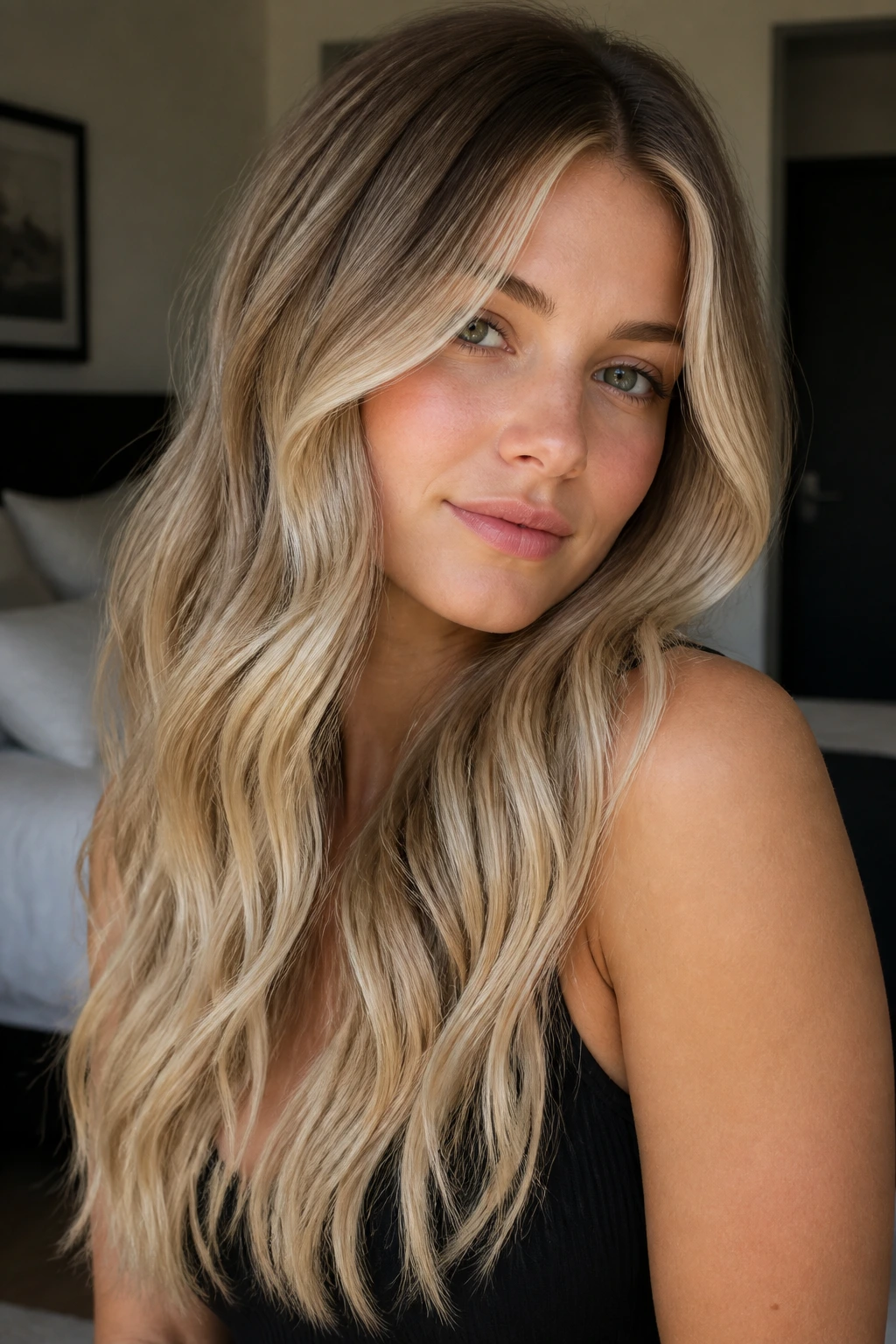 Close-up of a woman with dark blonde hair showing vanilla cream balayage and soft waves.