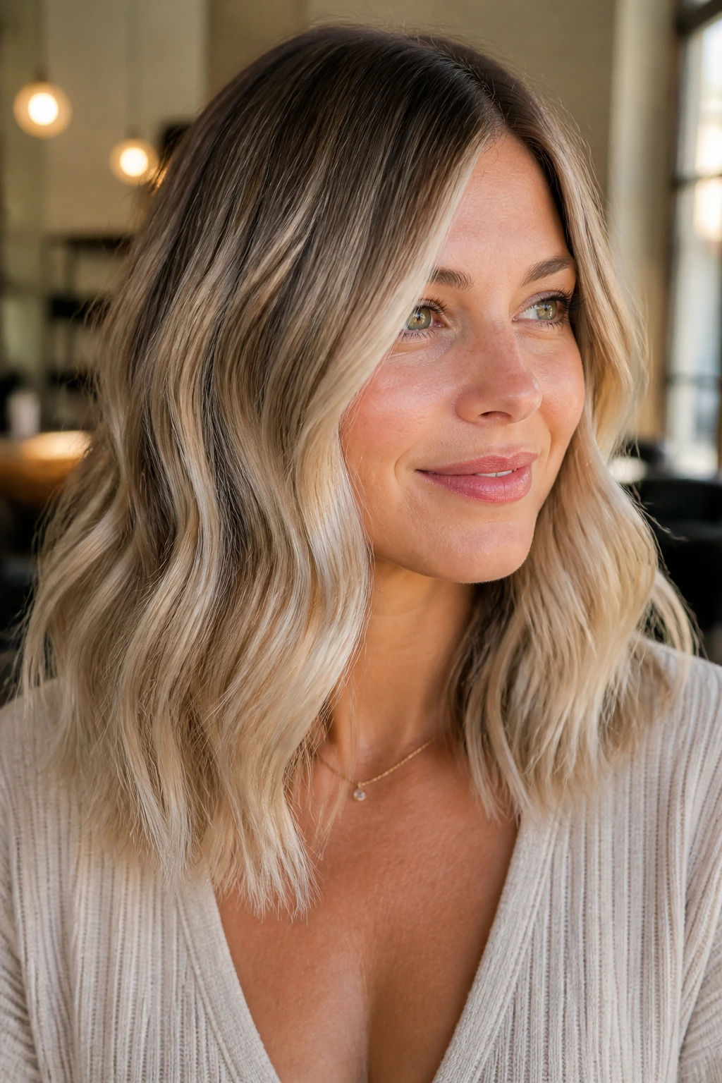 Close-up of a woman with Vanilla Cream Balayage creamy beige hair and soft waves