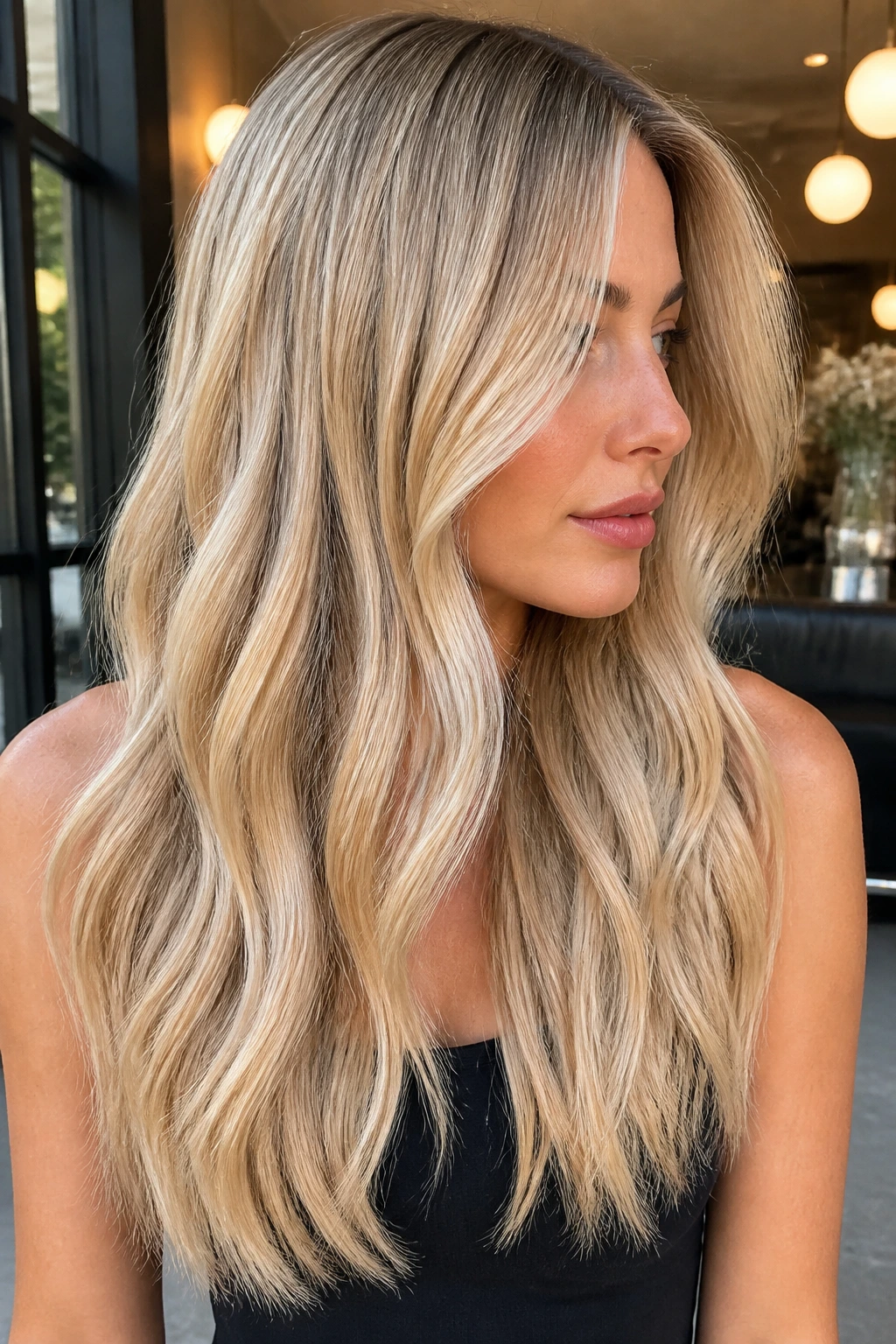 Creamy vanilla-toned balayage on thick hair with face-framing pieces