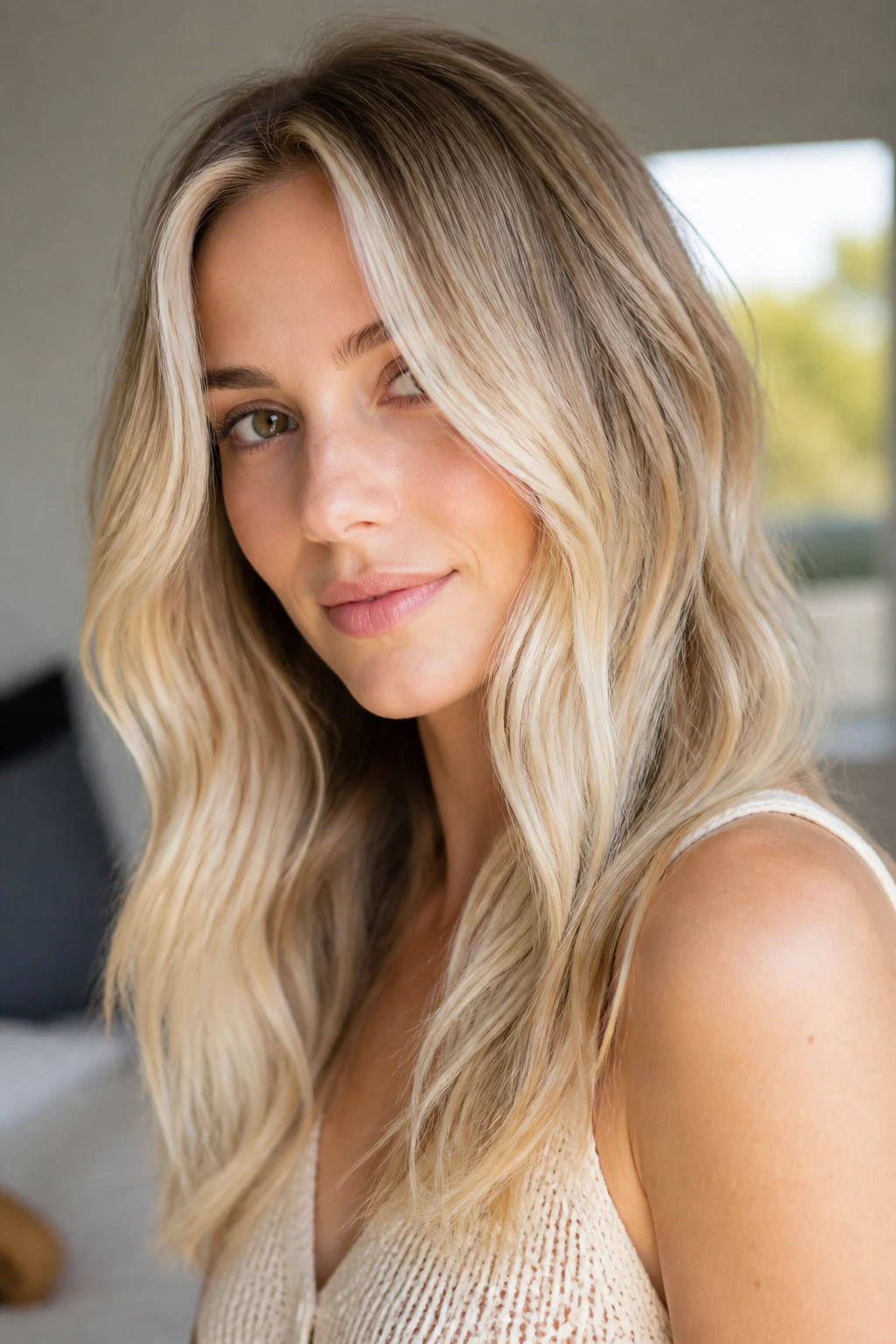 Real woman with vanilla cream balayage hair, soft sunlight
