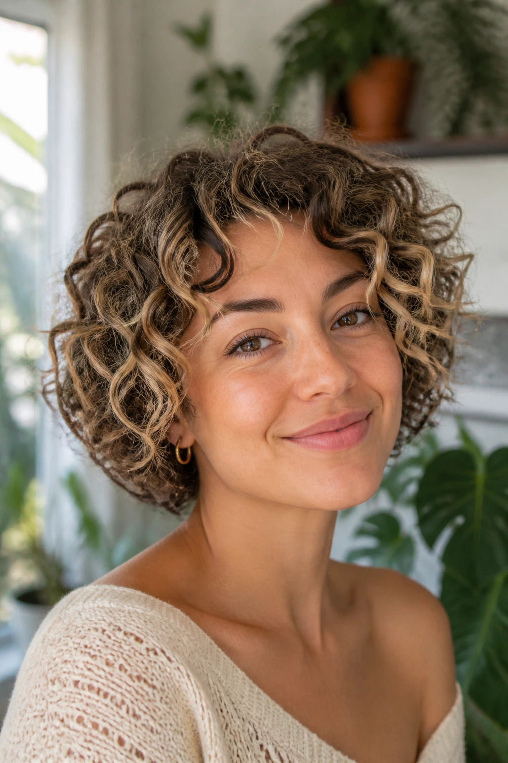 Close-up of a short curly cut with vanilla cream balayage around the face
