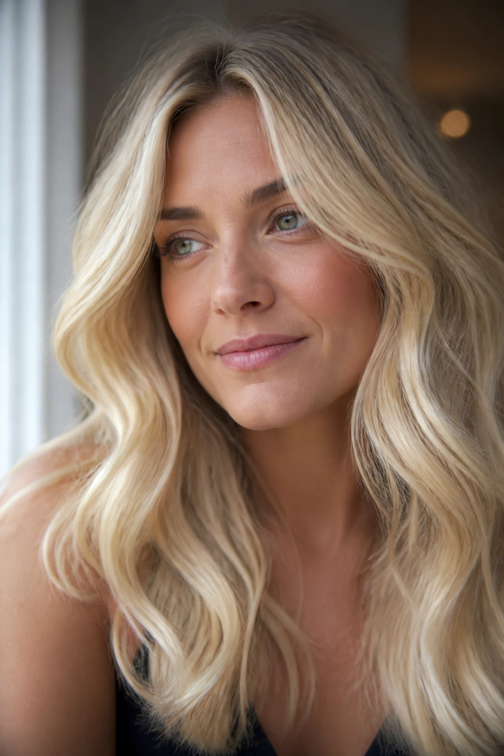 Close-up of a real woman with vanilla cream blonde hair in soft light