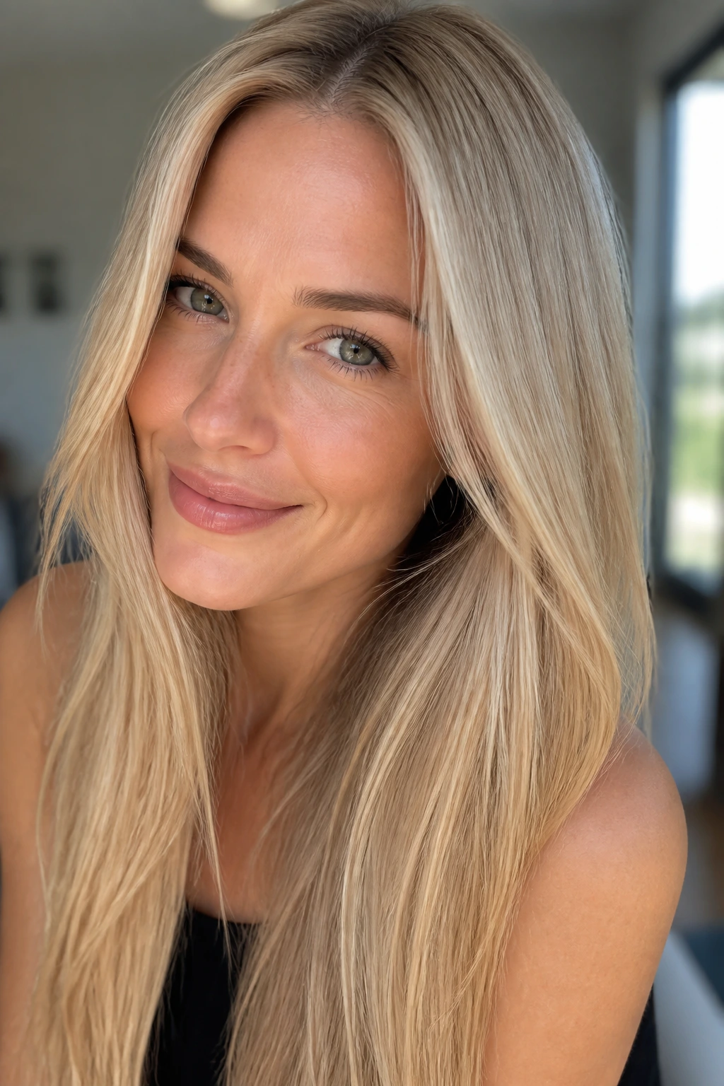 Close-up of a real person with Vanilla Cream Blonde hair in soft beige gloss