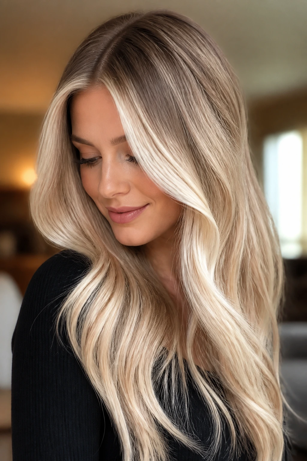 Close-up of a real woman with vanilla cream blonde balayage and soft root lift.