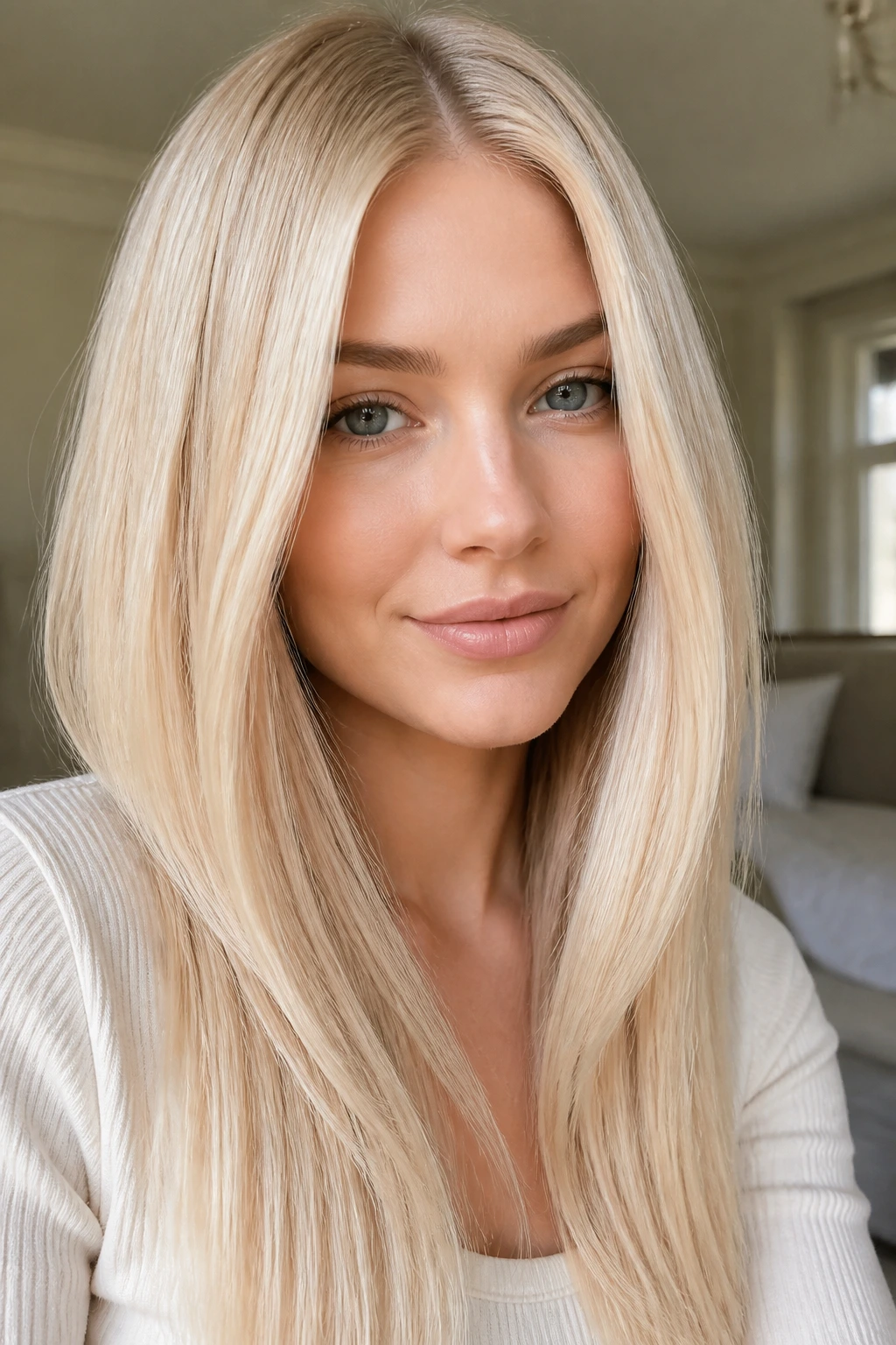 Real woman with vanilla cream blonde hair in a sunlit room