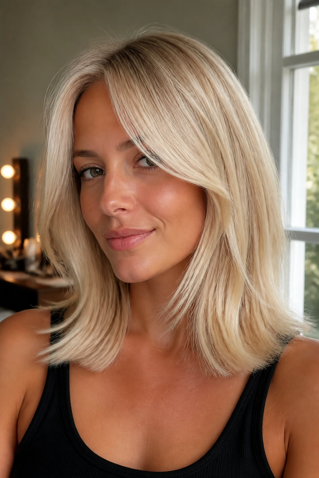 Close-up portrait of a real woman with vanilla cream blonde hair and a glossy finish.