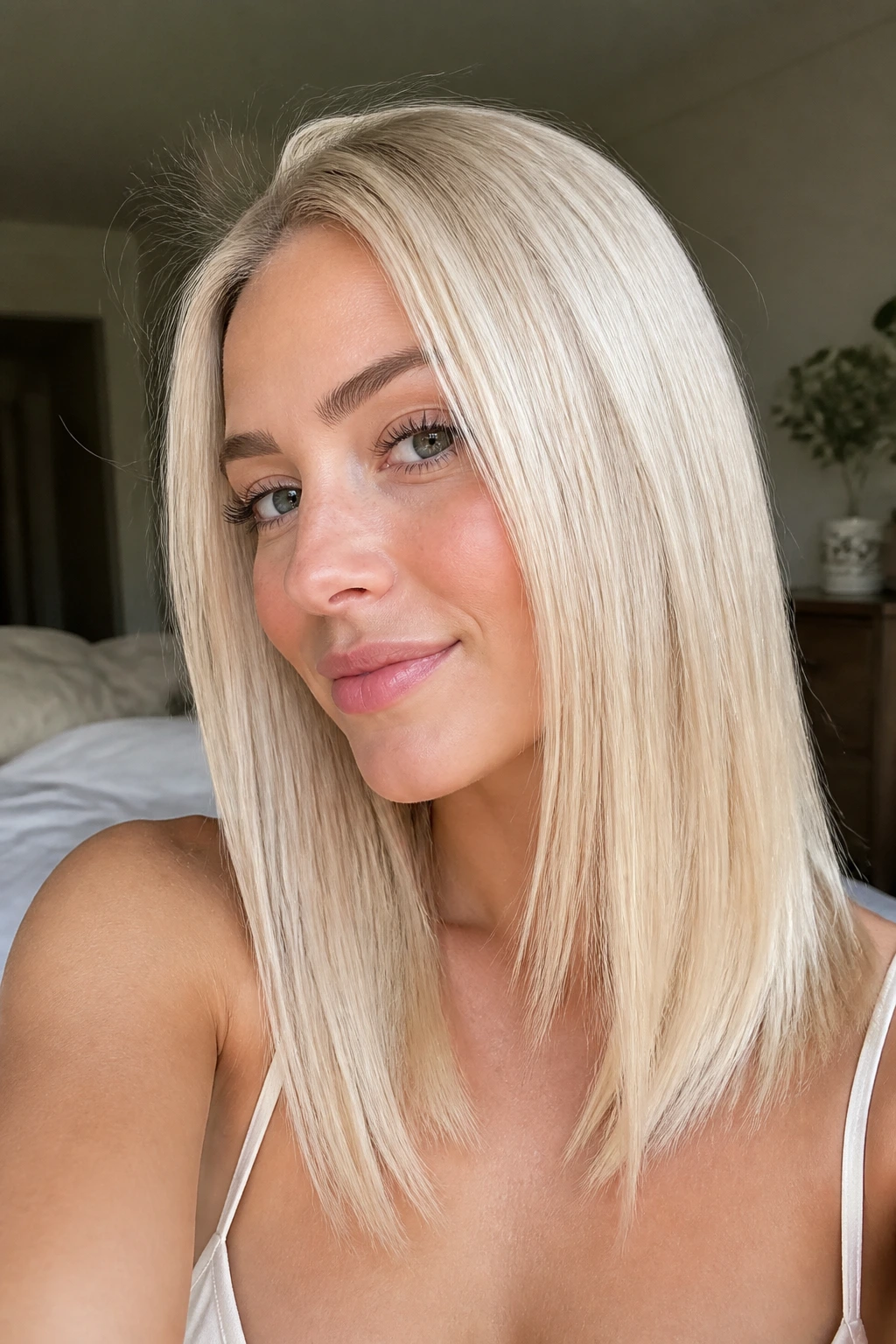 Close-up portrait of a real woman with Vanilla Cream Blonde hair in soft natural light.