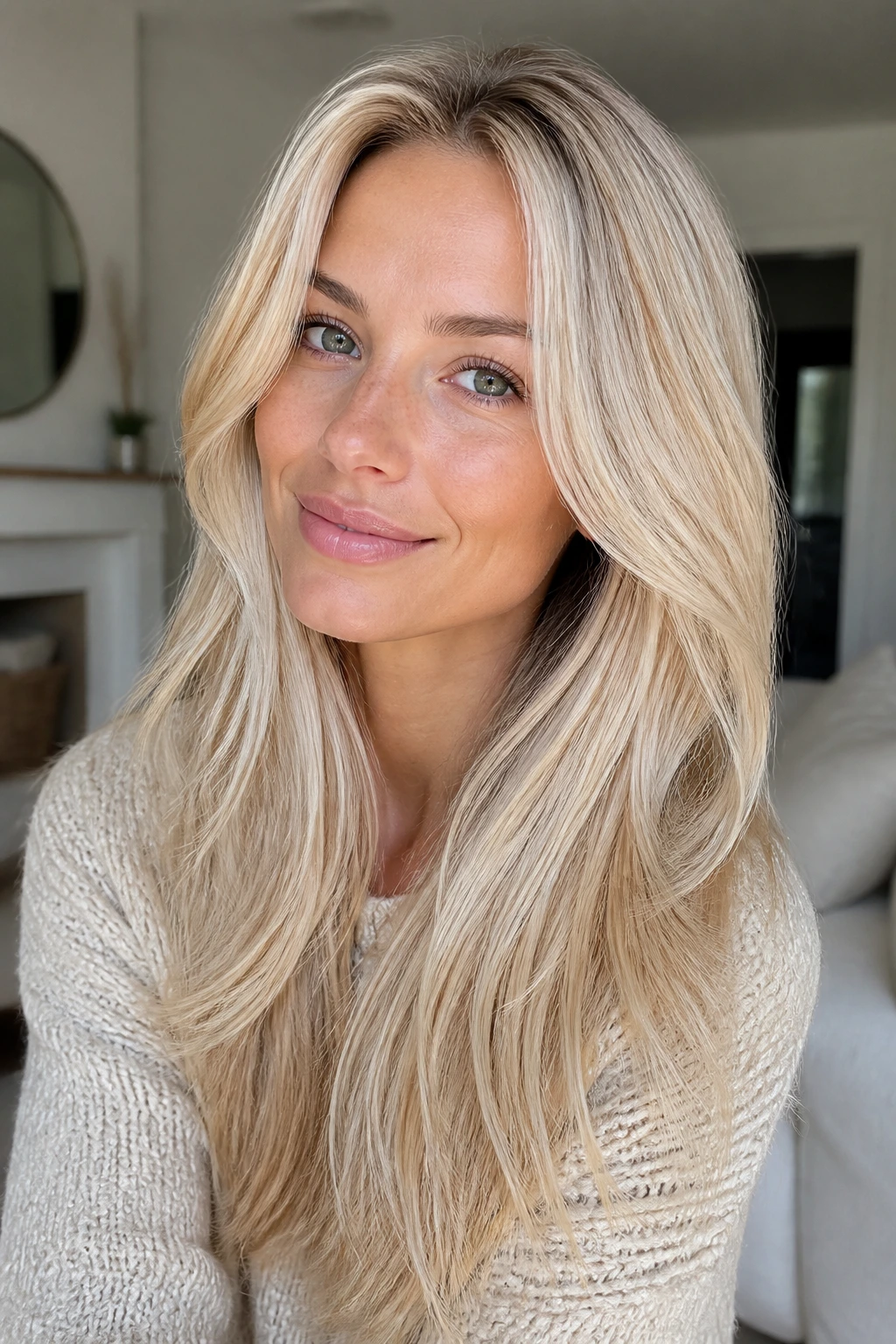 Real woman with vanilla cream blonde on long layered hair in airy room