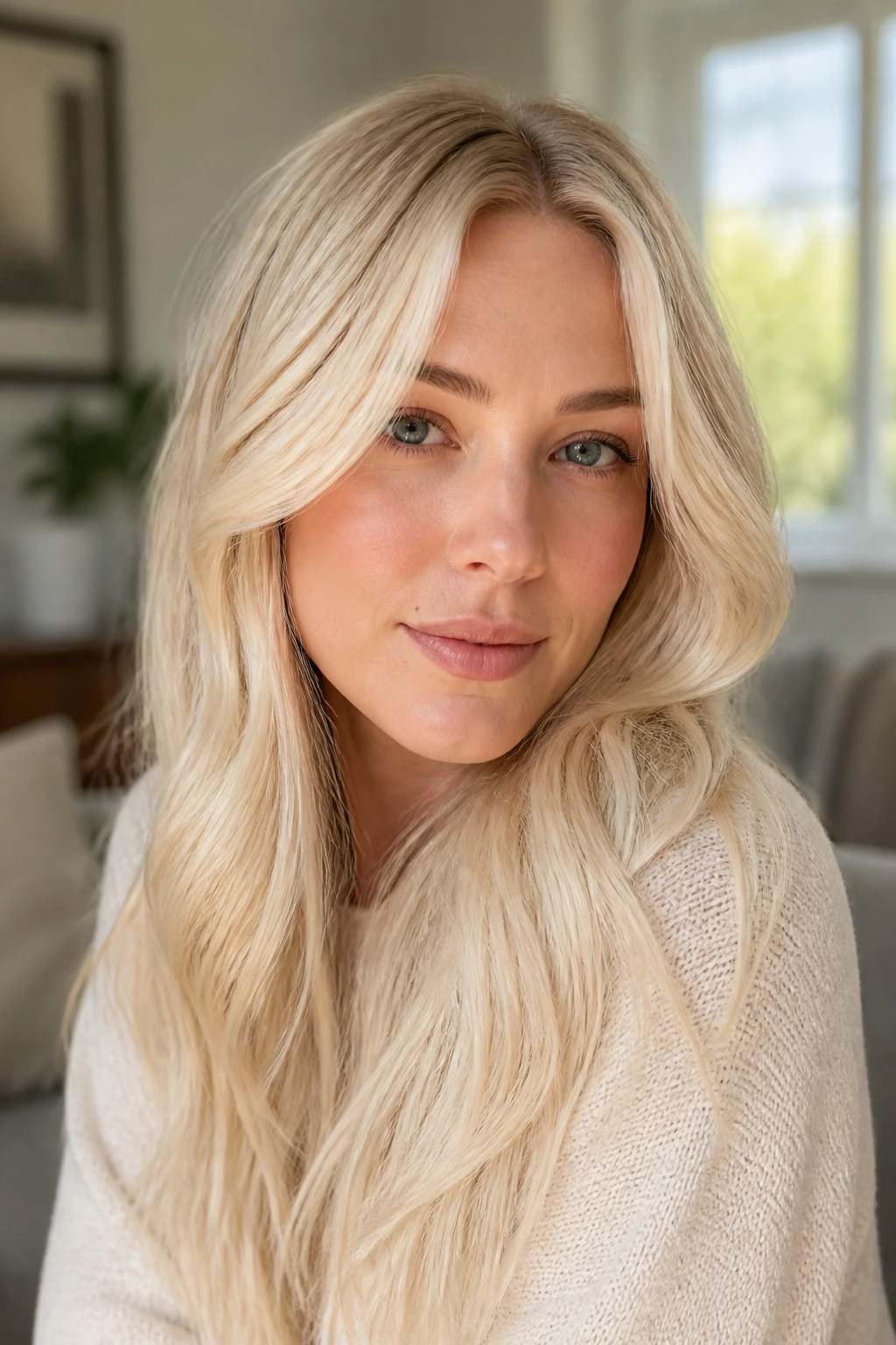 Close-up portrait of a real woman with vanilla cream blonde hair in warm window light