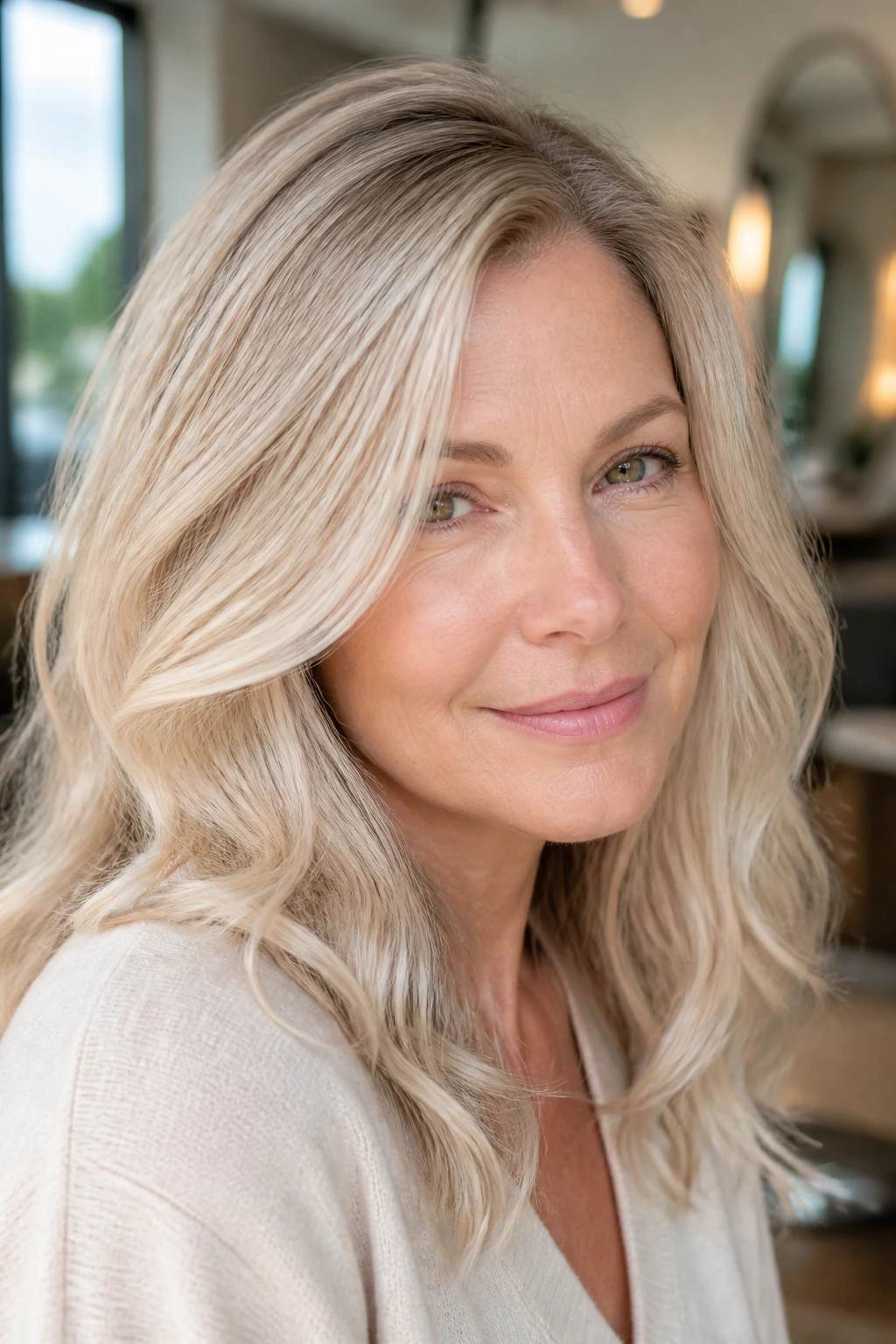 Portrait of a woman with vanilla cream blonde hair and subtle root shadow