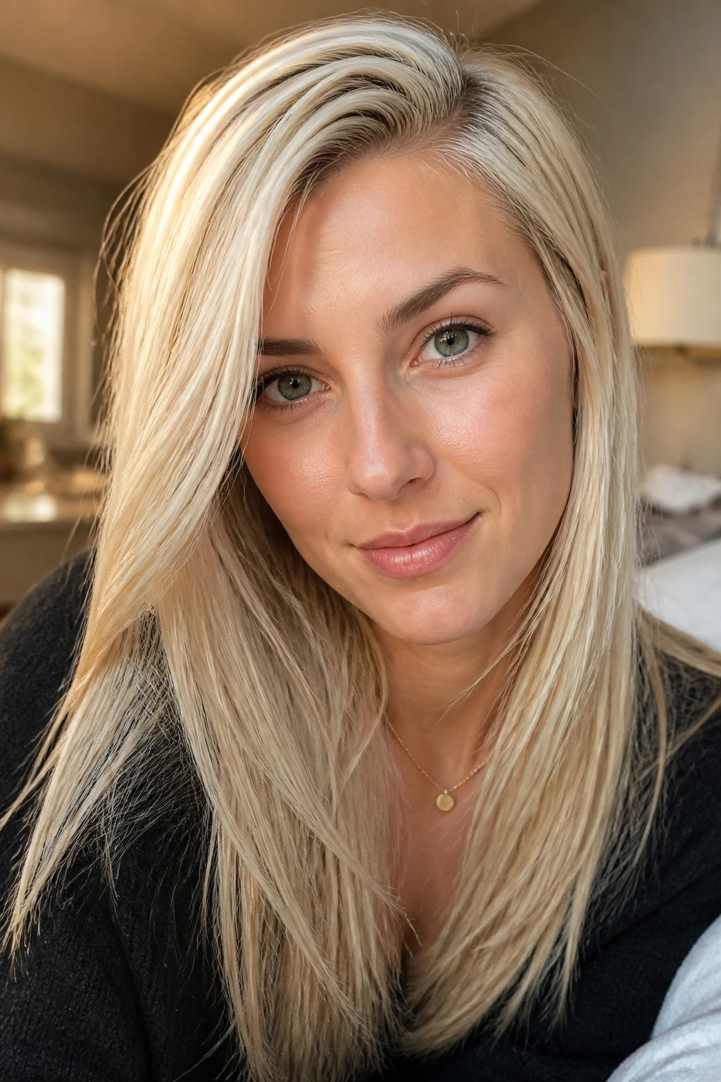 Close-up of a woman with vanilla cream blonde and side part
