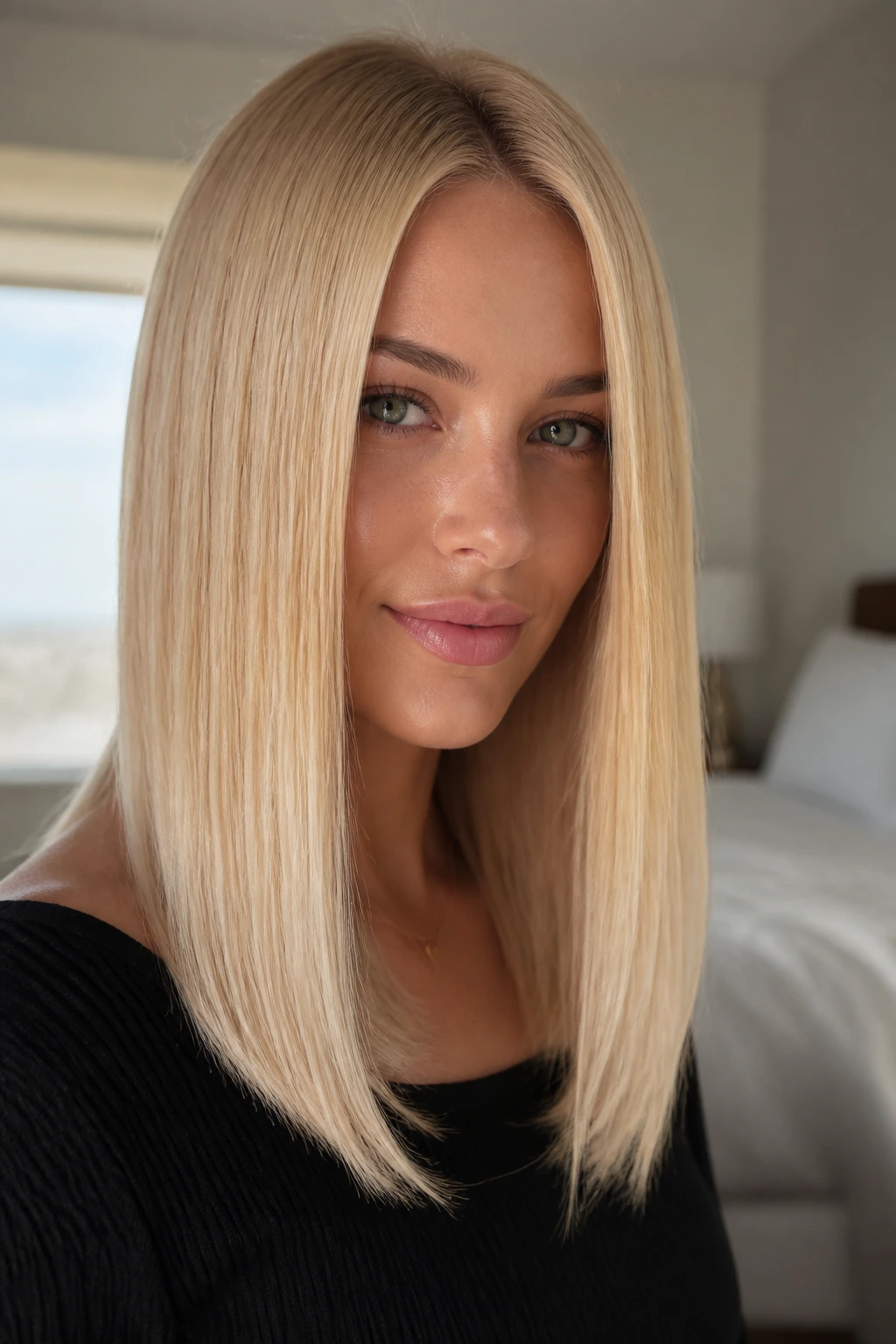 Close-up portrait of a real woman with vanilla cream blonde straight hair